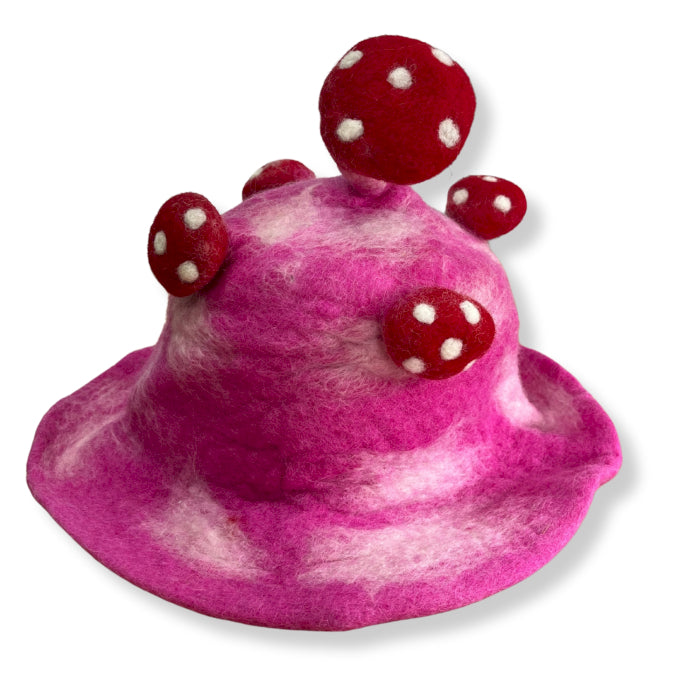 Wool Felted Handmade Mushroom Hat - Shocking Pink product packaging on clean background from Quintessential Holistic Health Ltd