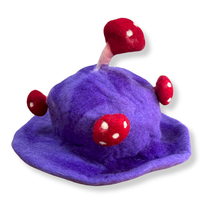 Wool Felted Handmade Mushroom Hat - Dreamy Purple Haze product packaging on clean background from Quintessential Holistic Health Ltd