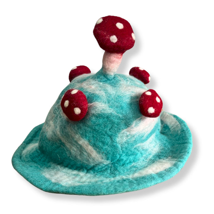 Wool Felted Handmade Mushroom Hat - Turquoise Splender product packaging on clean background from Quintessential Holistic Health Ltd