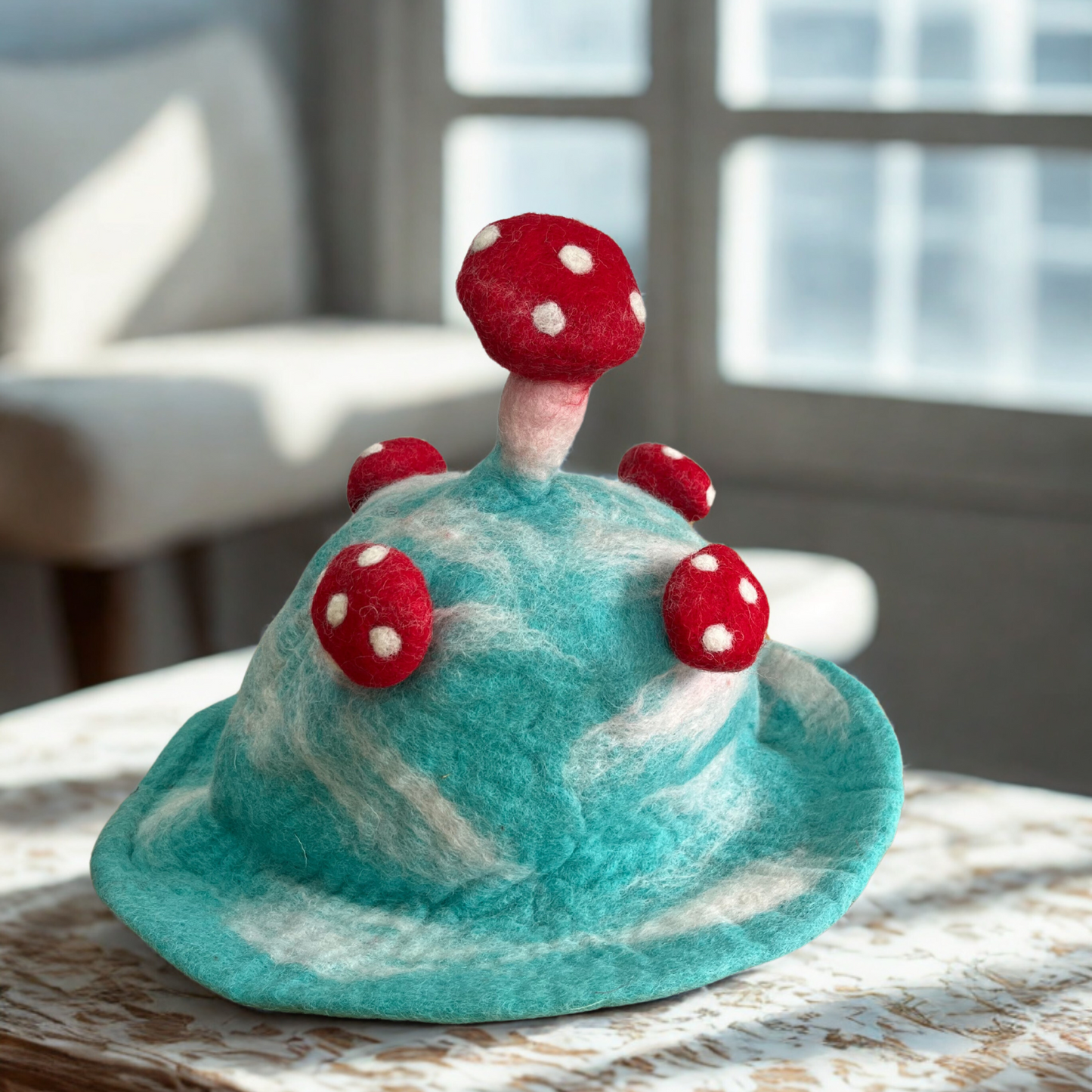 Wool Felted Handmade Mushroom Hat - Turquoise Splender product packaging on clean background from Quintessential Holistic Health Ltd