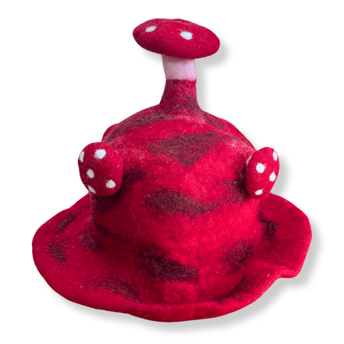 Wool Felted Handmade Mushroom Hat - Rush To The Head Red product packaging on clean background from Quintessential Holistic Health Ltd