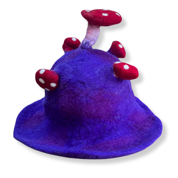 Wool Felted Handmade Mushroom Hat - Very Violet product packaging on clean background from Quintessential Holistic Health Ltd