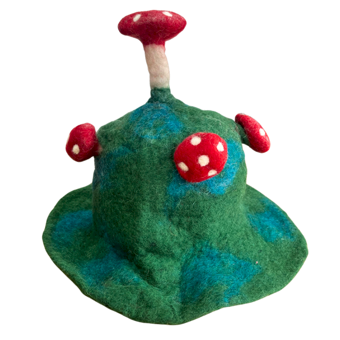 Wool Felted Handmade Mushroom Hat - Mountain Green product packaging on clean background from Quintessential Holistic Health Ltd