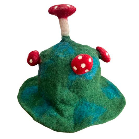 Wool Felted Handmade Mushroom Hat - Mountain Green product packaging on clean background from Quintessential Holistic Health Ltd