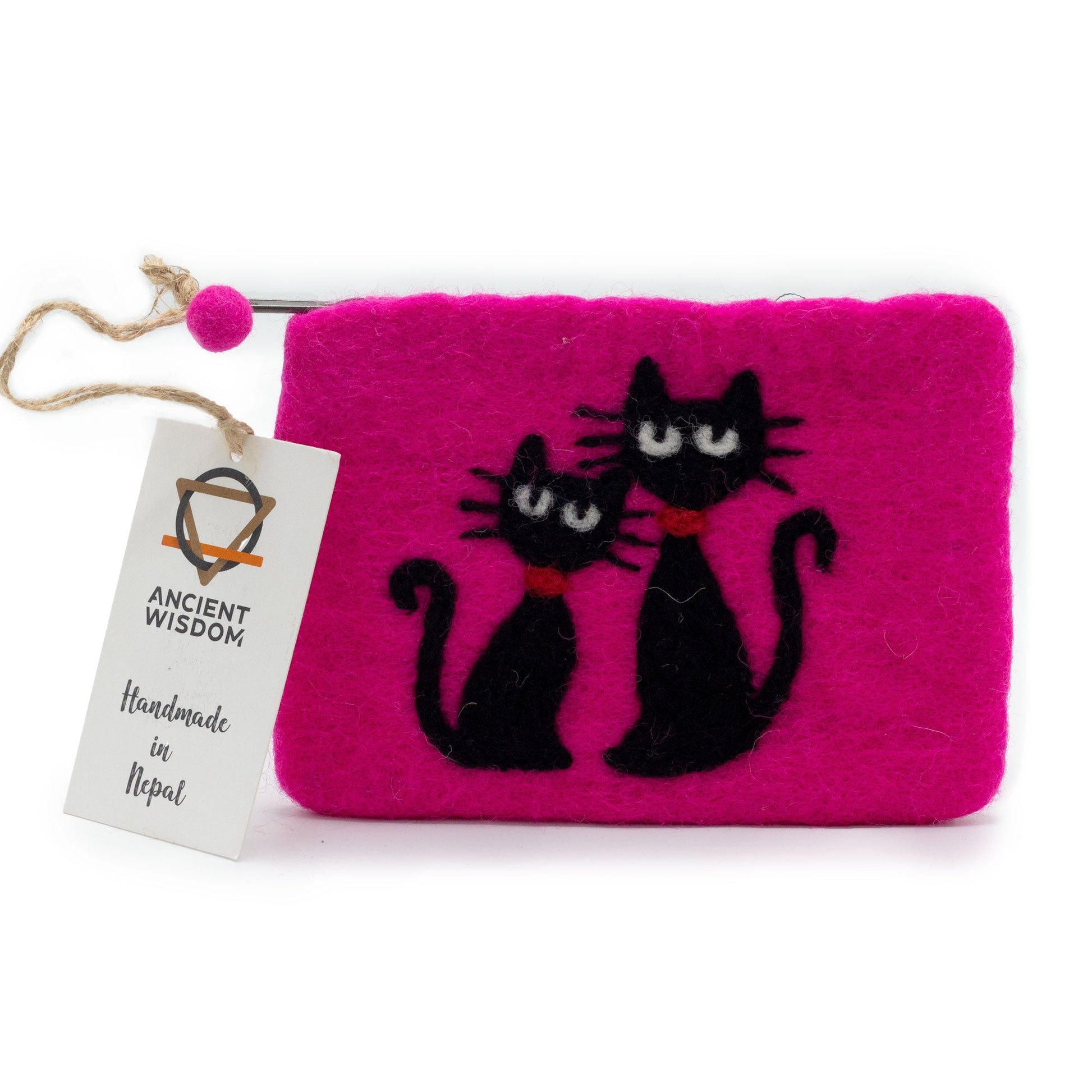 Handmade Natural Felt Purse or Pouch with Zip - Assorted Colours / Two Cats product packaging on clean background from Quintessential Holistic Health Ltd