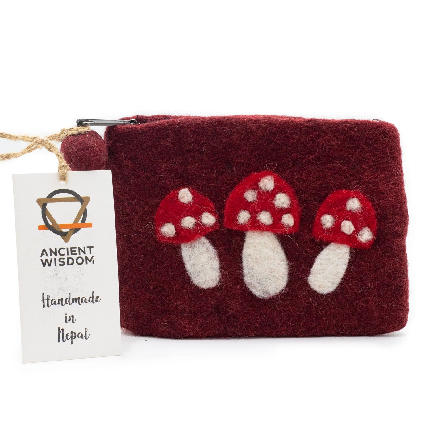 Handmade Natural Felt Purse or Pouch with Zip - Assorted Colours / Wild Mushrooms product packaging on clean background from Quintessential Holistic Health Ltd