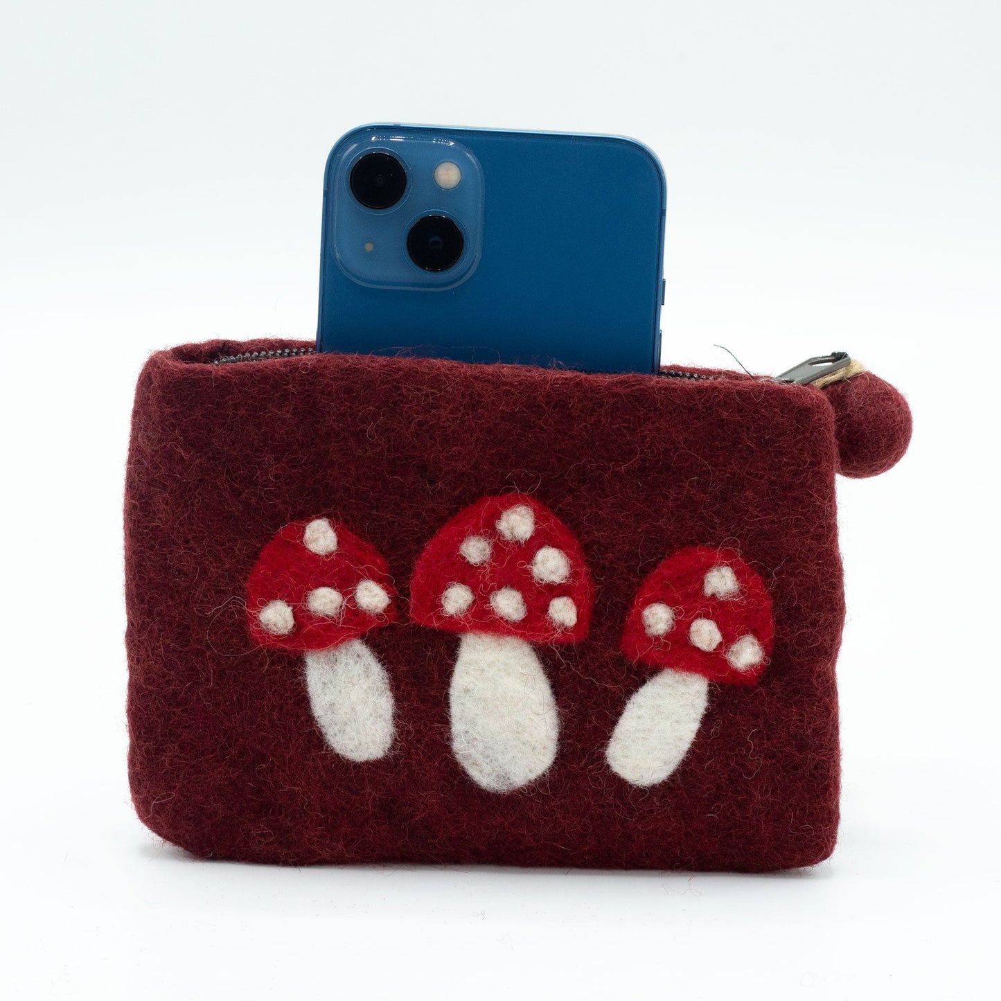 Handmade Natural Felt Purse or Pouch with Zip - Assorted Colours / Wild Mushrooms product packaging on clean background from Quintessential Holistic Health Ltd