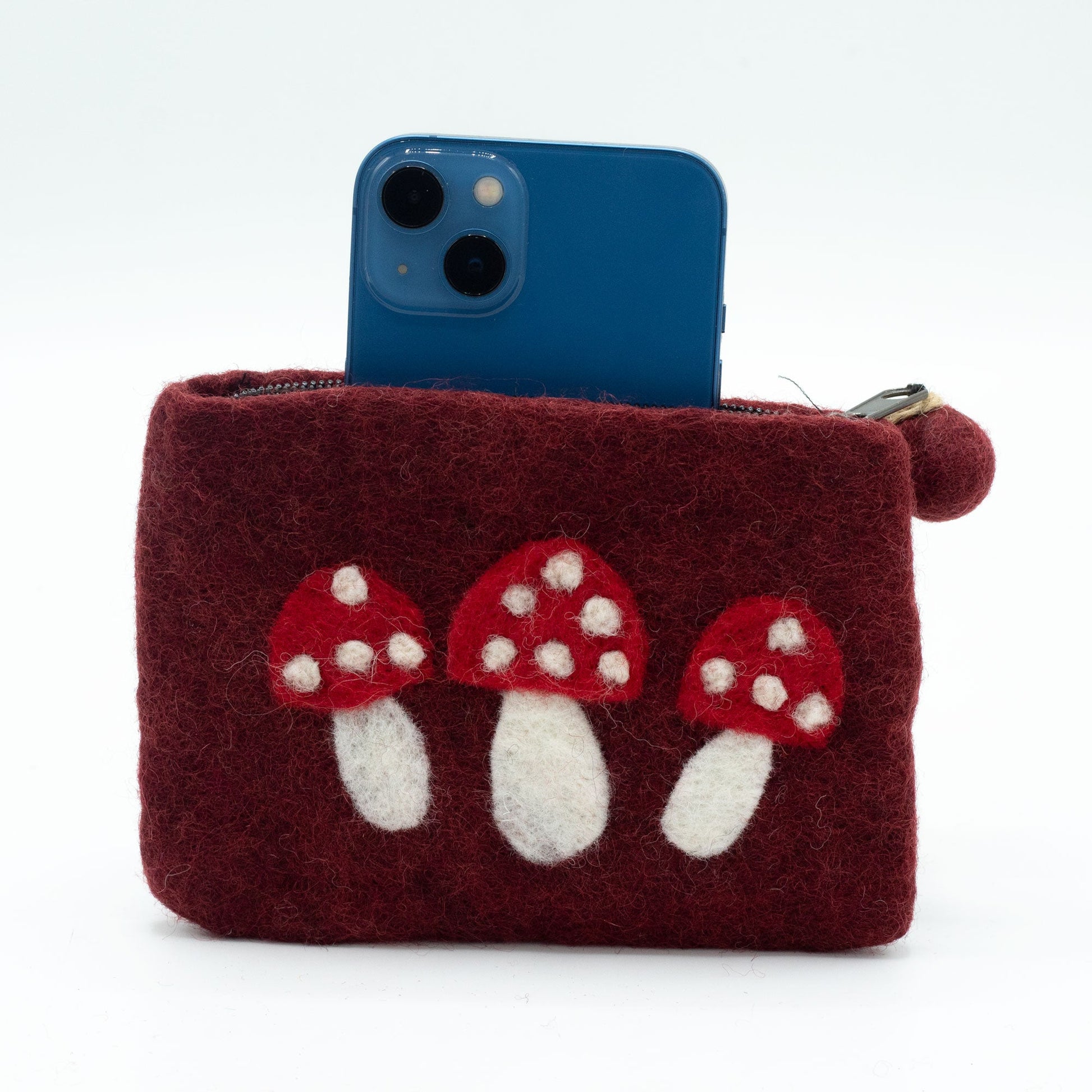 Handmade Natural Felt Purse or Pouch with Zip - Assorted Colours / Wild Mushrooms product packaging on clean background from Quintessential Holistic Health Ltd