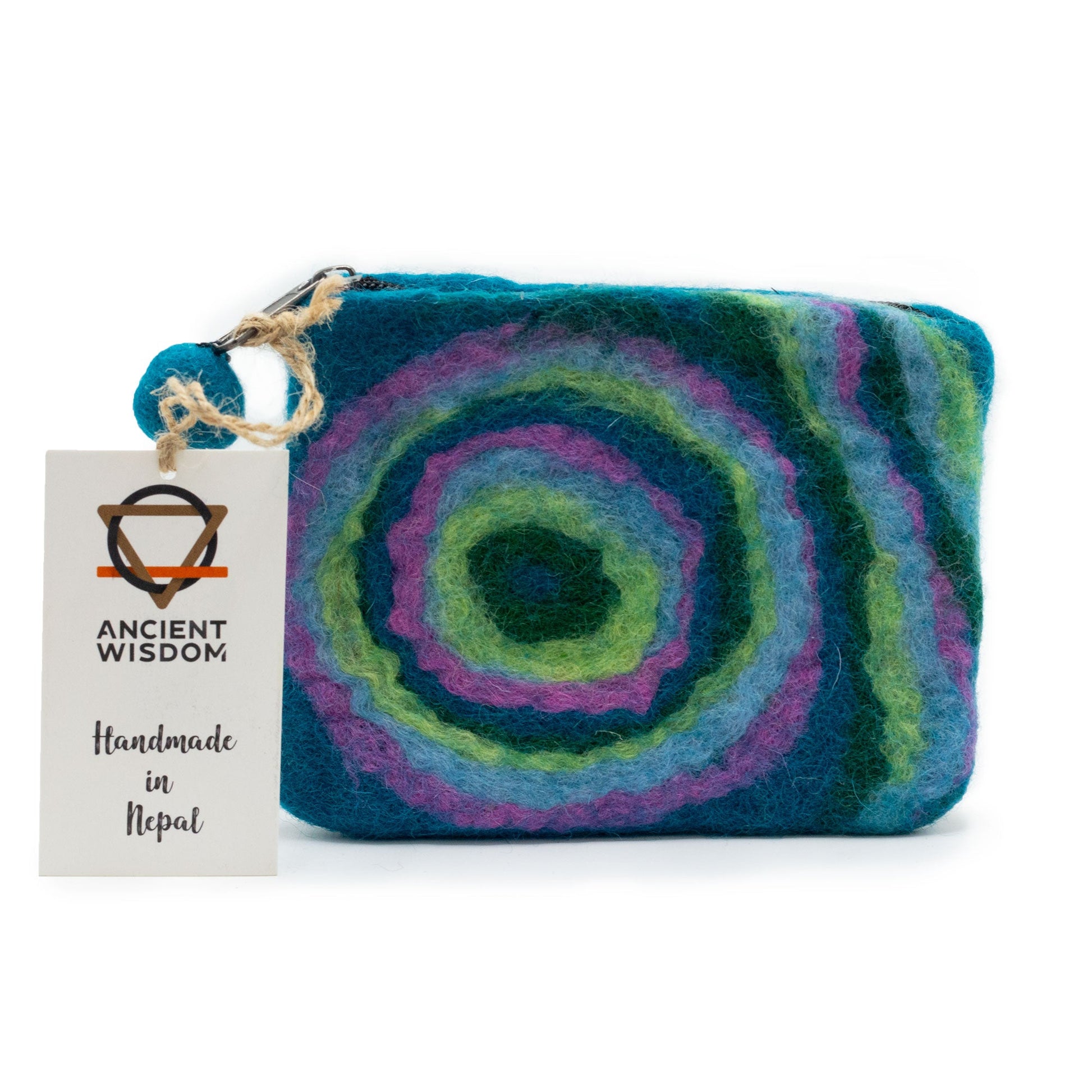 Handmade Natural Felt Purse or Pouch with Zip - Assorted Colours / Psychedelic product packaging on clean background from Quintessential Holistic Health Ltd