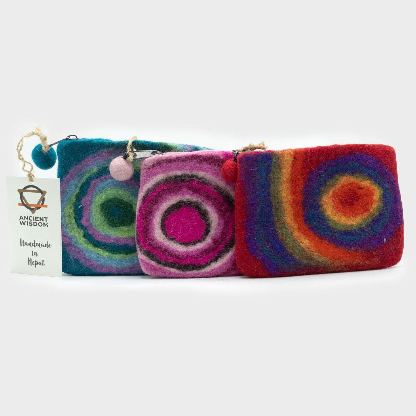 Handmade Natural Felt Purse or Pouch with Zip - Assorted Colours / Psychedelic product packaging on clean background from Quintessential Holistic Health Ltd