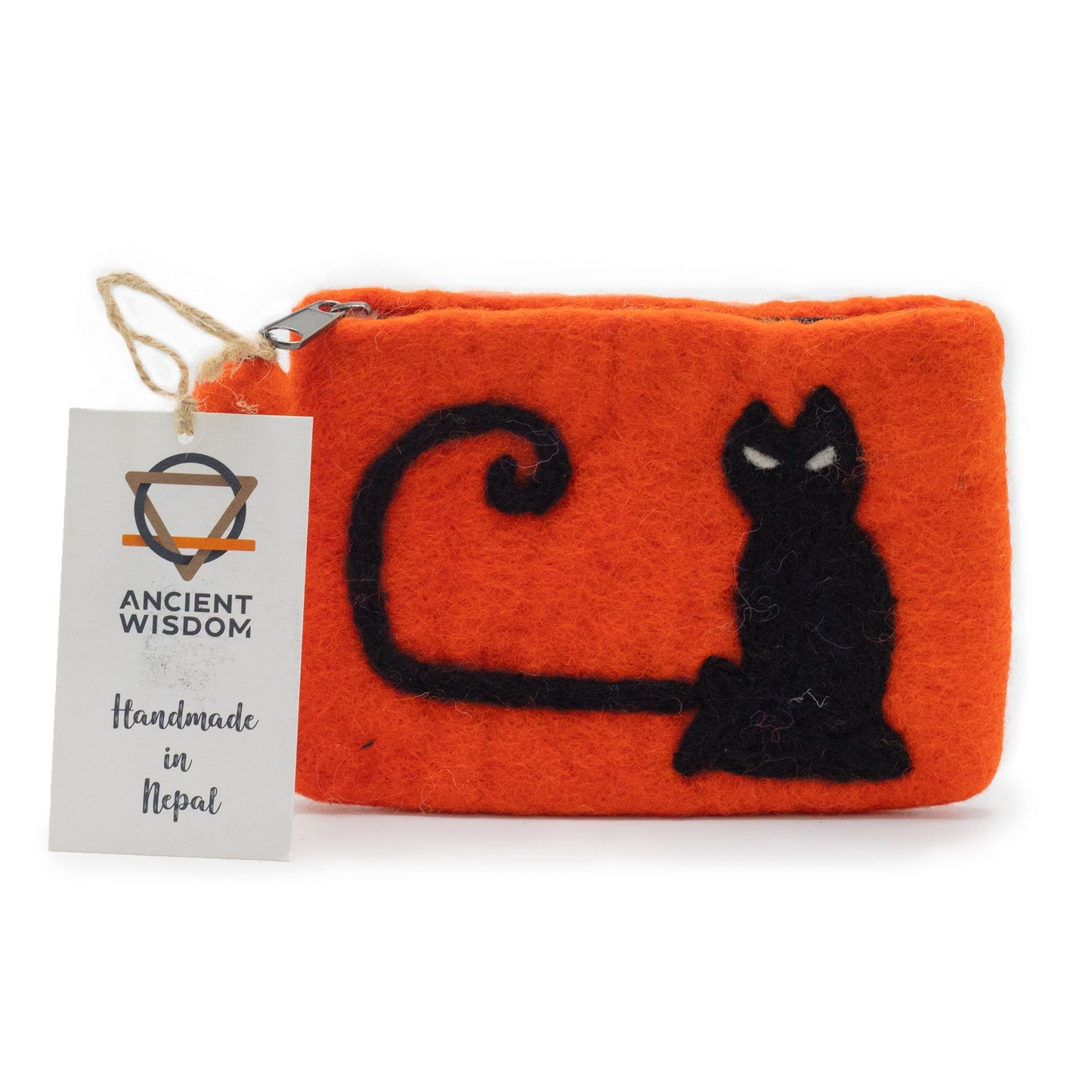 Handmade Natural Felt Purse or Pouch with Zip - Assorted Colours / Cat Face product packaging on clean background from Quintessential Holistic Health Ltd