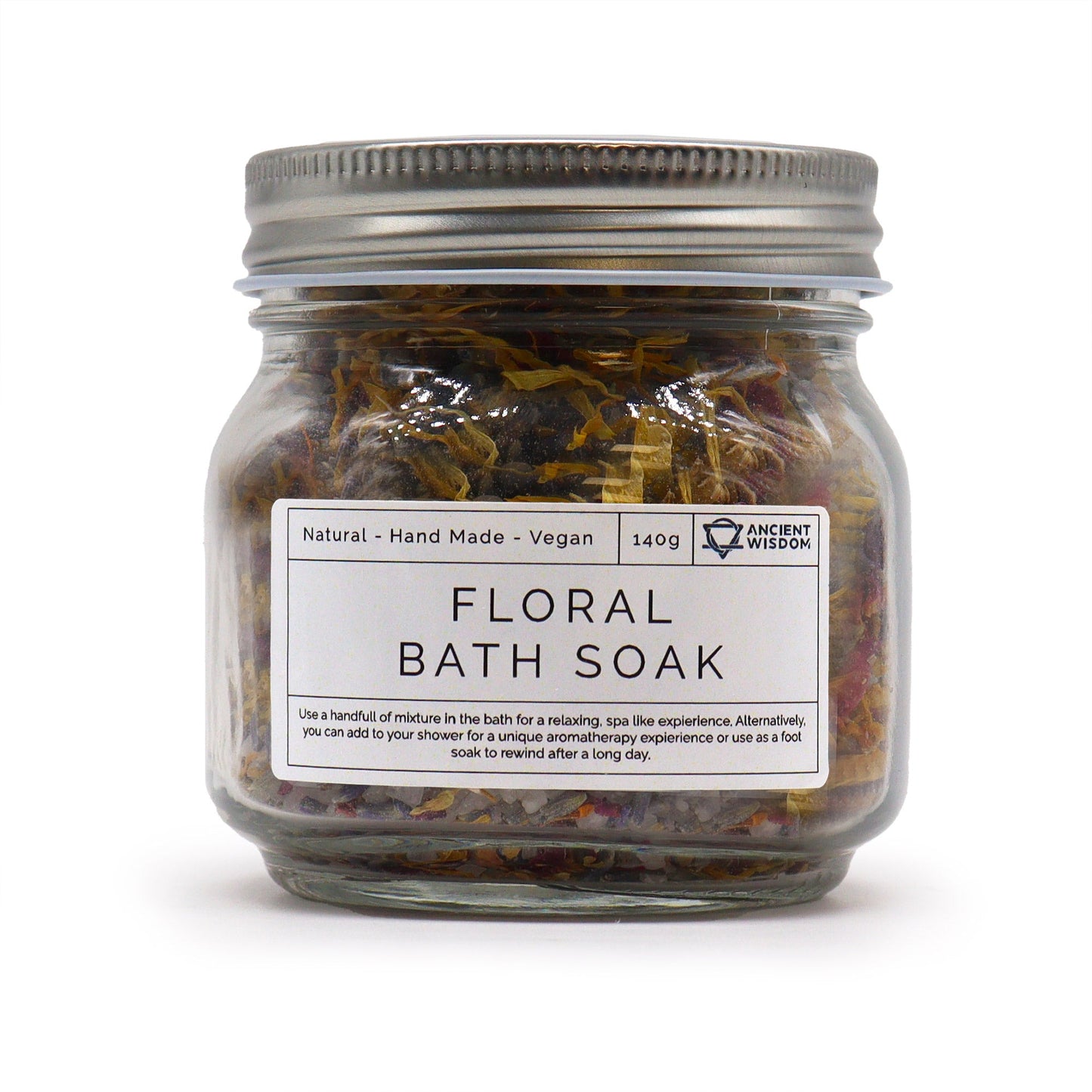 Natural Floral Bath Soak - 140g, square glass jar with a silver lid and a white floral bath soak label, by Quintessential Holistic Health Ltd