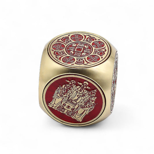 Feng Shui Fortune Spinner - Flat / Red and Brass Prosperity Cube product packaging on clean background from Quintessential Holistic Health Ltd