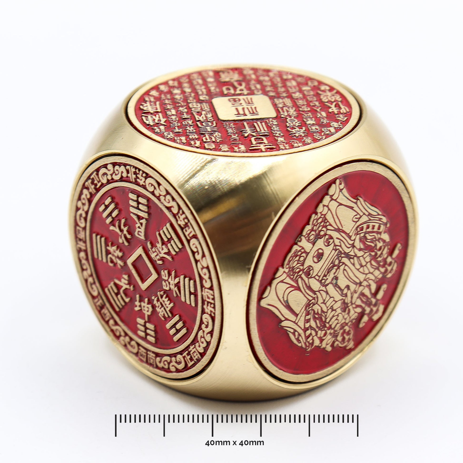 Feng Shui Fortune Spinner - Flat / Red and Brass Prosperity Cube product packaging on clean background from Quintessential Holistic Health Ltd