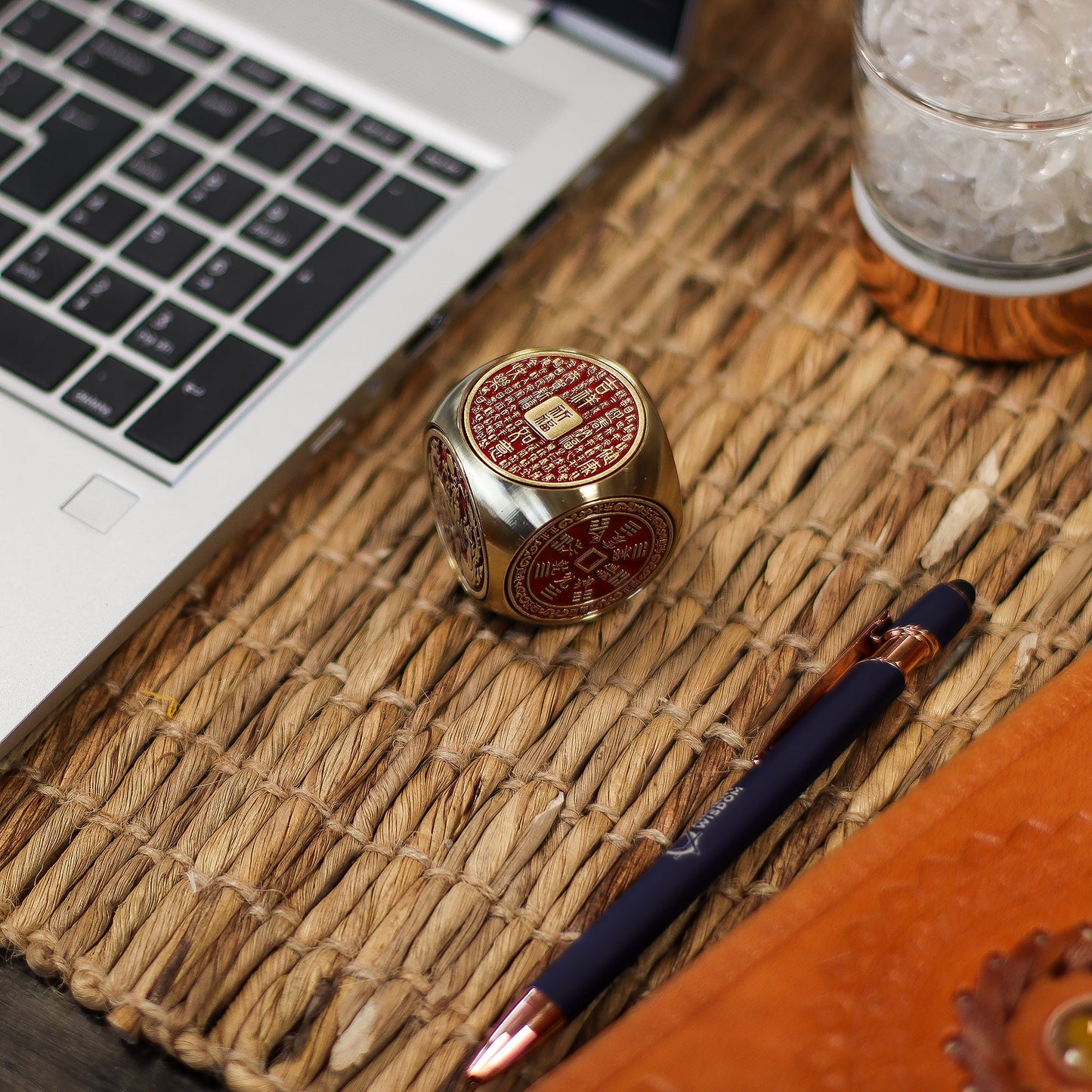 Feng Shui Fortune Spinner - Flat / Red and Brass Prosperity Cube product packaging on clean background from Quintessential Holistic Health Ltd