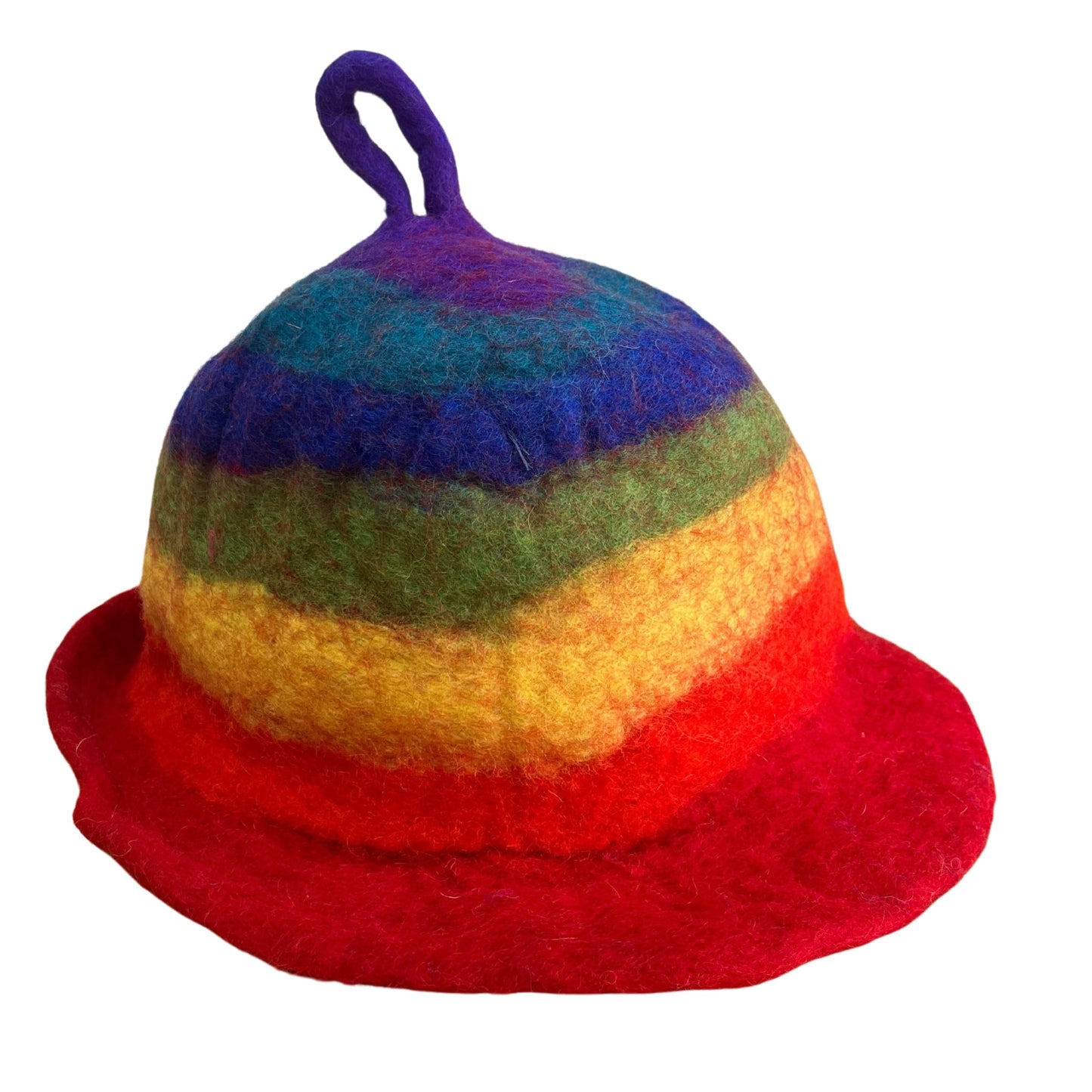 Wool Felted Handmade Sauna Hat - Rainbow product packaging on clean background from Quintessential Holistic Health Ltd