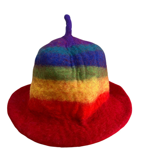 Wool Felted Handmade Sauna Hat - Rainbow product packaging on clean background from Quintessential Holistic Health Ltd
