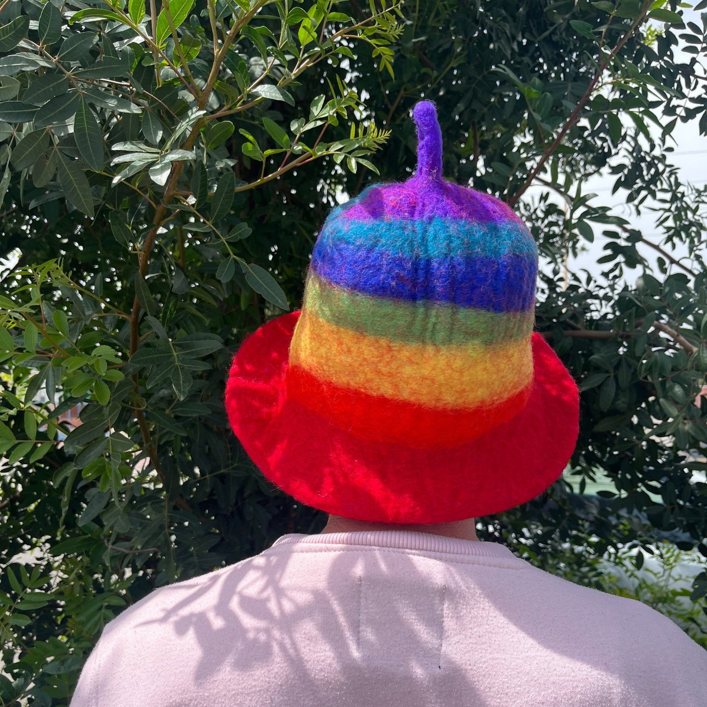 Wool Felted Handmade Sauna Hat - Rainbow product packaging on clean background from Quintessential Holistic Health Ltd