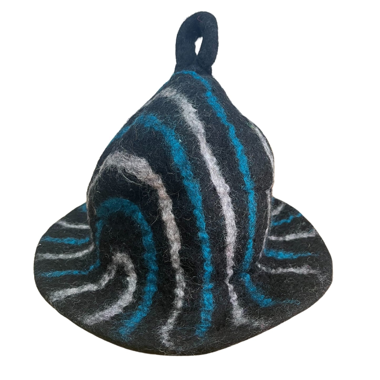 Wool Felted Handmade Sauna Hat - Black, Blue and White Stripes product packaging on clean background from Quintessential Holistic Health Ltd