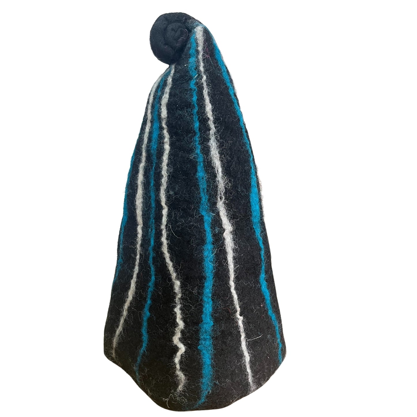 Wool Felted Handmade Wizards Sauna Hat - Black, Blue and White Stripes product packaging on clean background from Quintessential Holistic Health Ltd