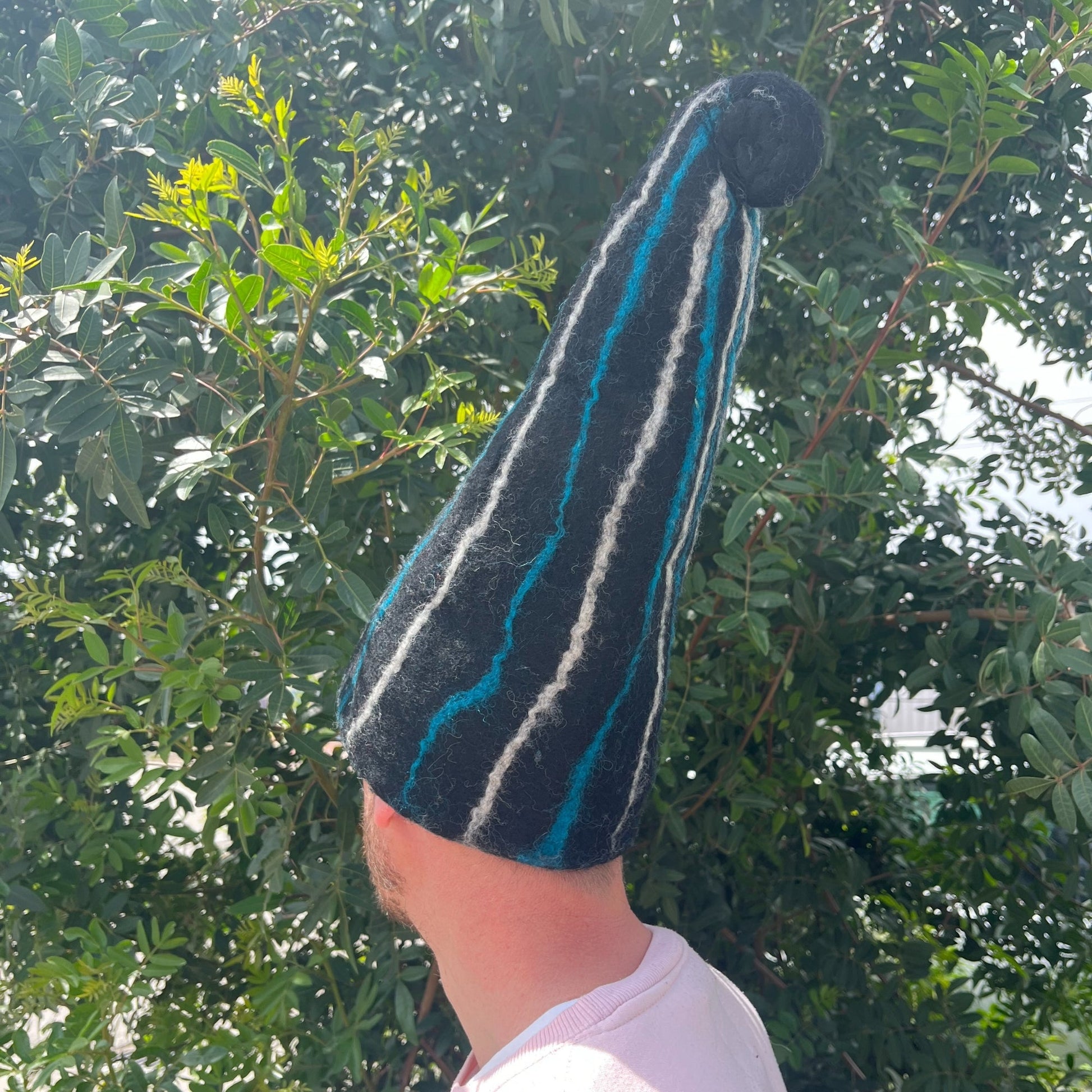 Wool Felted Handmade Wizards Sauna Hat - Black, Blue and White Stripes product packaging on clean background from Quintessential Holistic Health Ltd