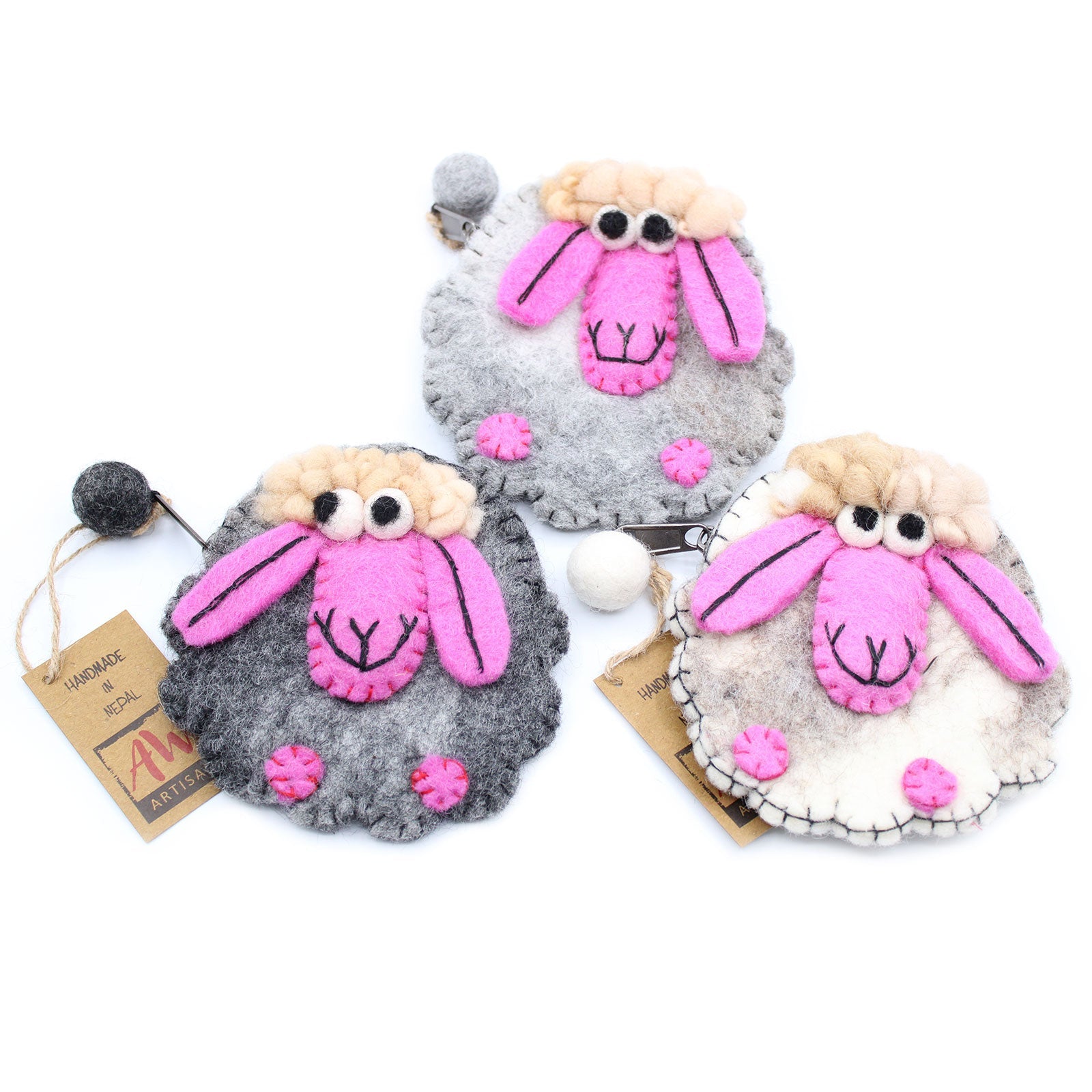 Handmade Natural Felt Purse or Pouch with Zip - Assorted Colours / Happy Sheep product packaging on clean background from Quintessential Holistic Health Ltd
