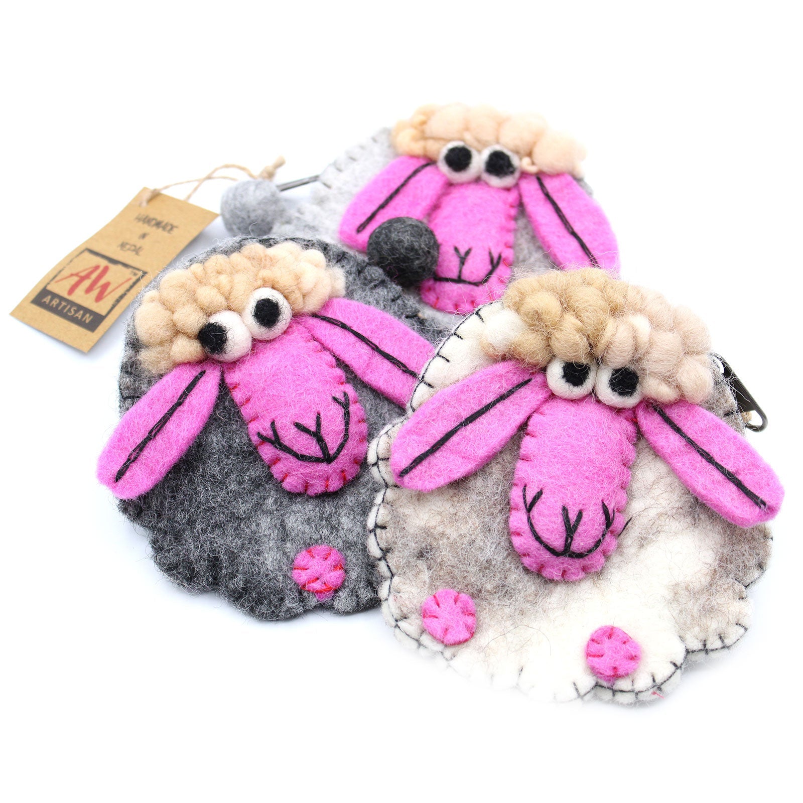 Handmade Natural Felt Purse or Pouch with Zip - Assorted Colours / Happy Sheep product packaging on clean background from Quintessential Holistic Health Ltd