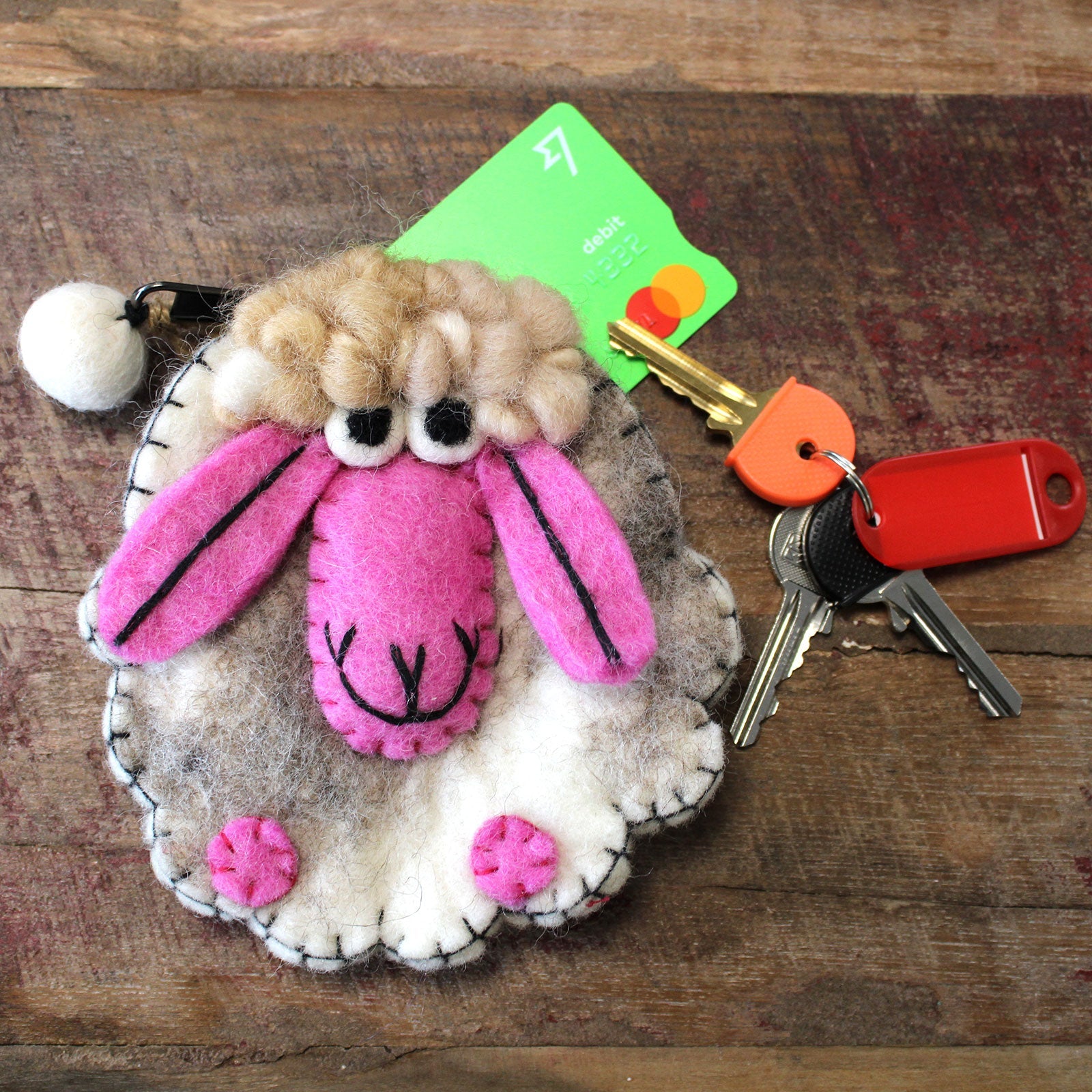Handmade Natural Felt Purse or Pouch with Zip - Assorted Colours / Happy Sheep product packaging on clean background from Quintessential Holistic Health Ltd