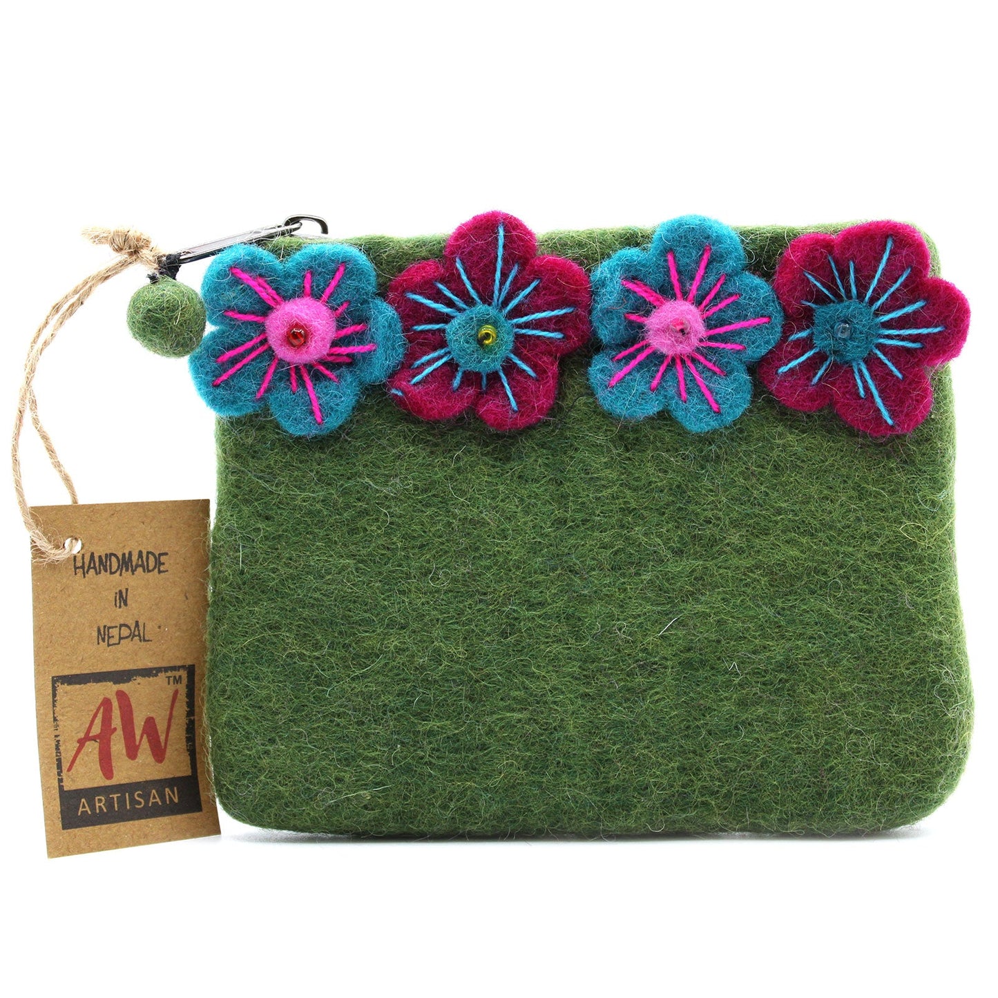Handmade Natural Felt Purse or Pouch with Zip - Assorted Colours / Four Flowers product packaging on clean background from Quintessential Holistic Health Ltd