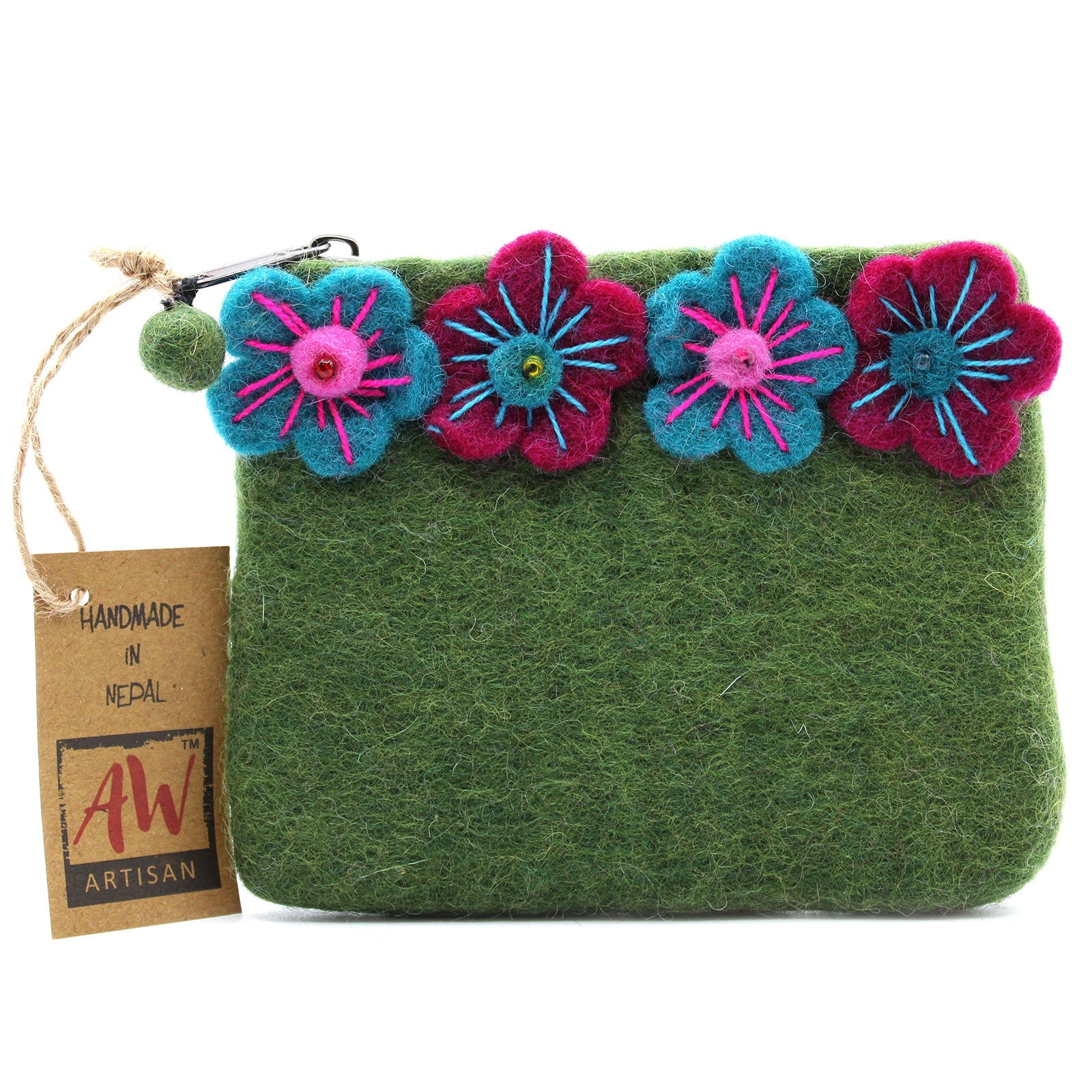 Handmade Natural Felt Purse or Pouch with Zip - Assorted Colours / Four Flowers product packaging on clean background from Quintessential Holistic Health Ltd