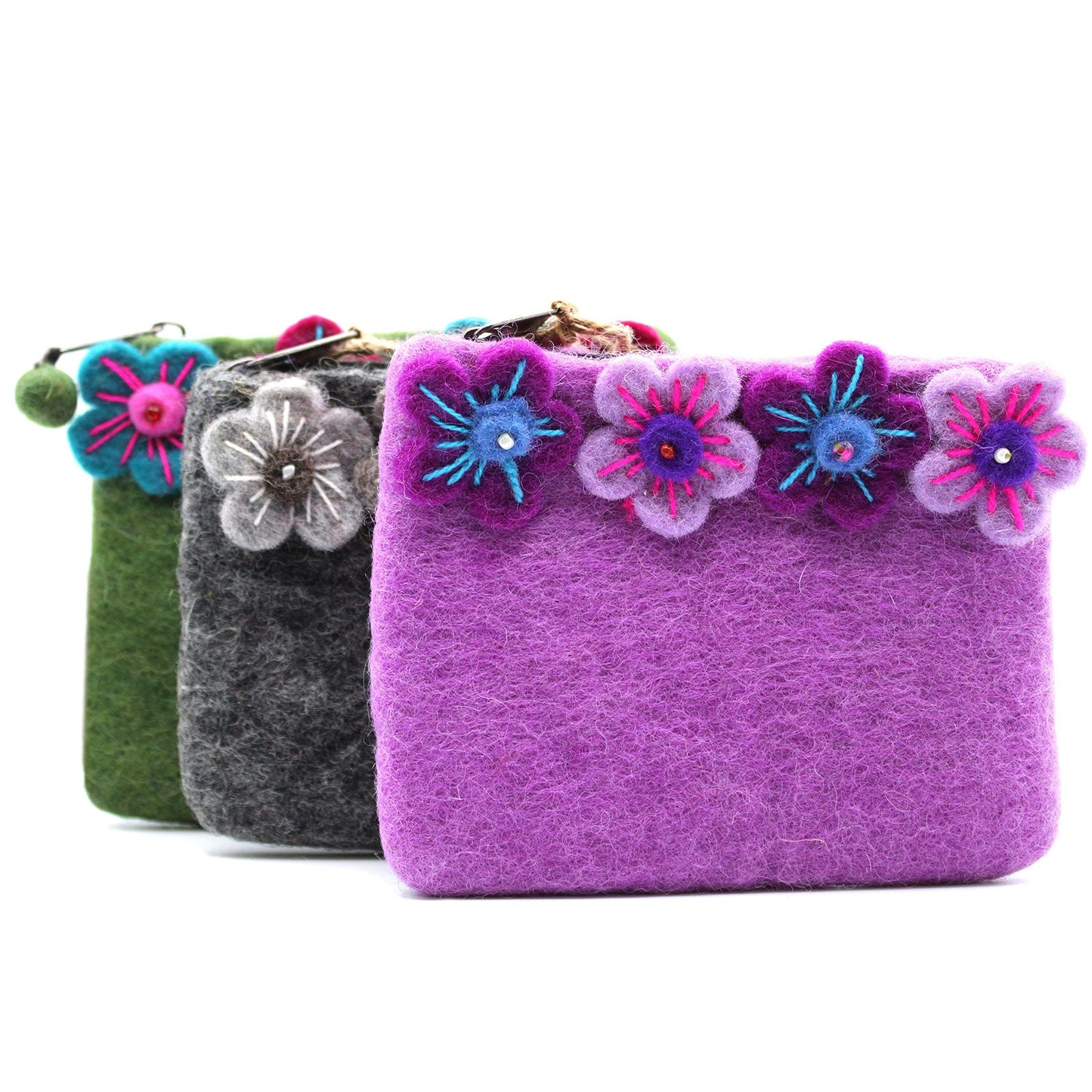 Handmade Natural Felt Purse or Pouch with Zip - Assorted Colours / Four Flowers product packaging on clean background from Quintessential Holistic Health Ltd