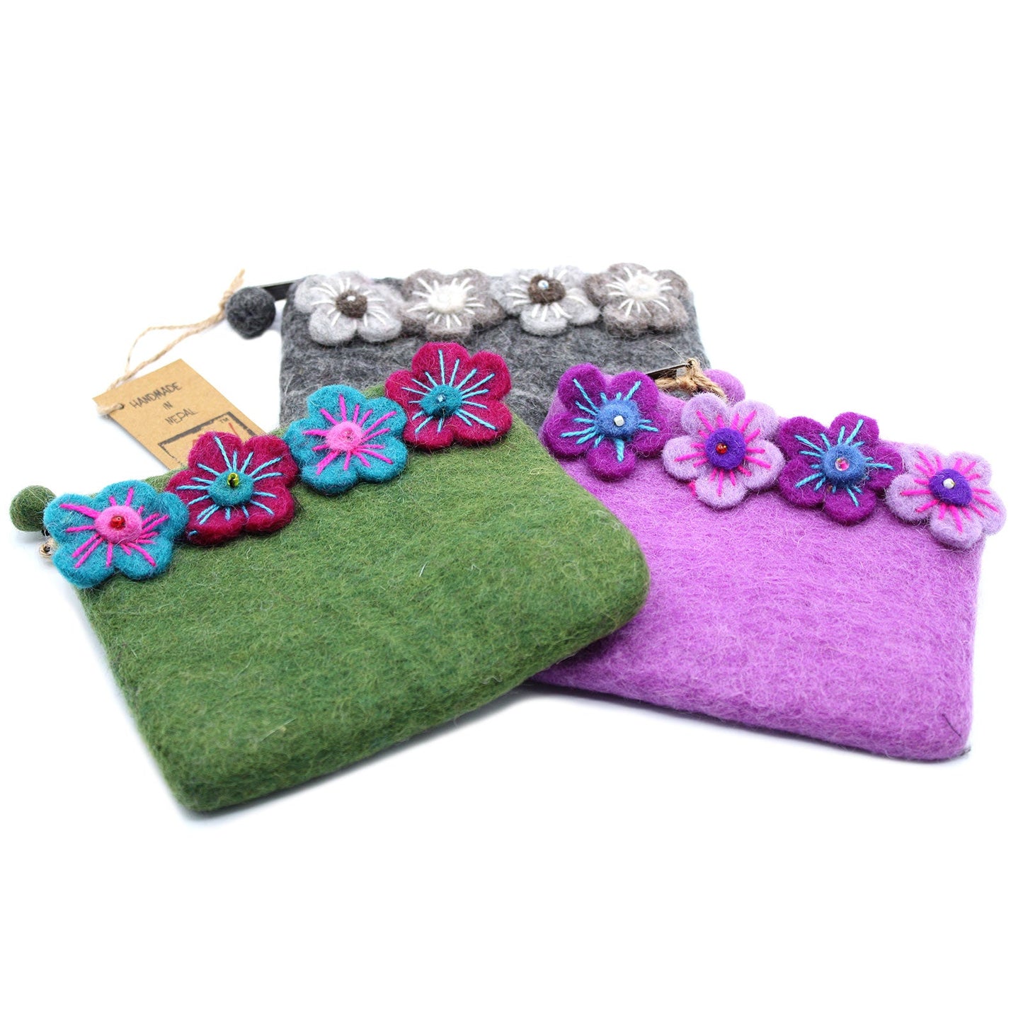 Handmade Natural Felt Purse or Pouch with Zip - Assorted Colours / Four Flowers product packaging on clean background from Quintessential Holistic Health Ltd
