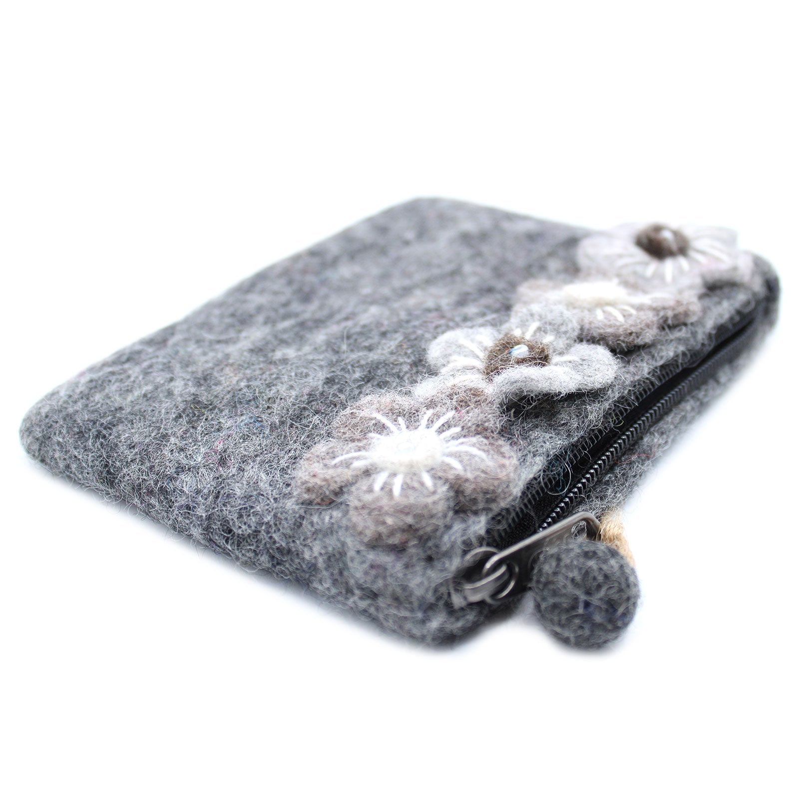 Handmade Natural Felt Purse or Pouch with Zip - Assorted Colours / Four Flowers product packaging on clean background from Quintessential Holistic Health Ltd