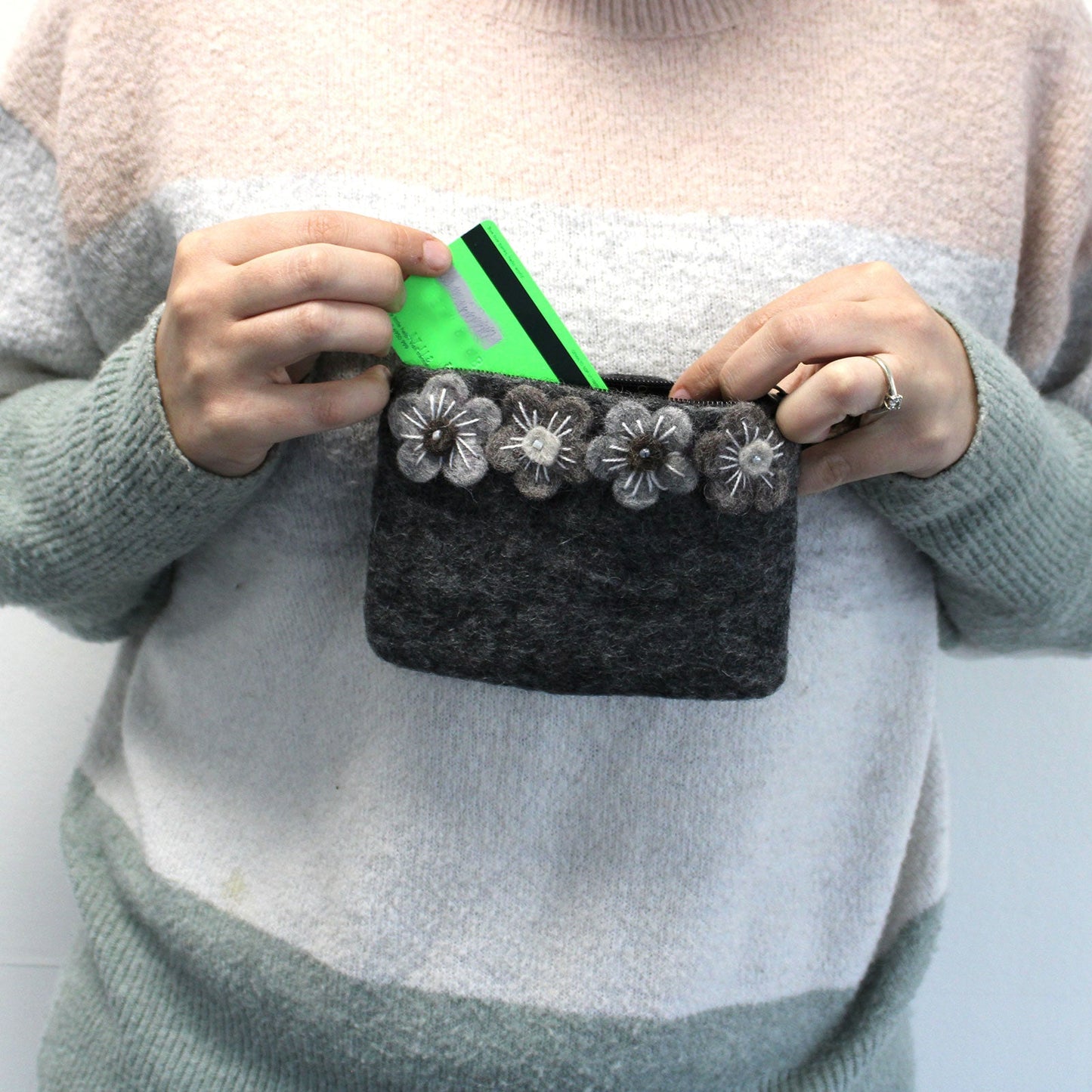 Handmade Natural Felt Purse or Pouch with Zip - Assorted Colours / Four Flowers product packaging on clean background from Quintessential Holistic Health Ltd