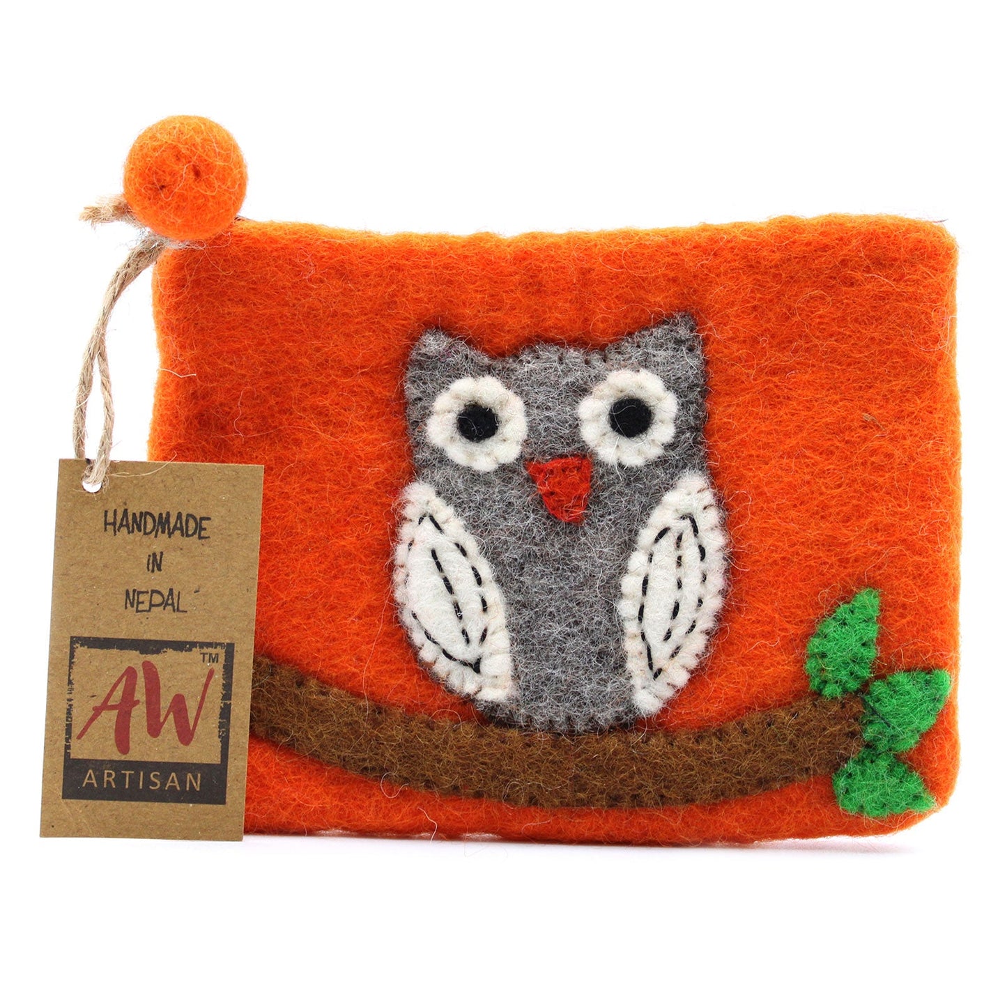 Handmade Natural Felt Purse or Pouch with Zip - Assorted Colours / Owl on Branch product packaging on clean background from Quintessential Holistic Health Ltd