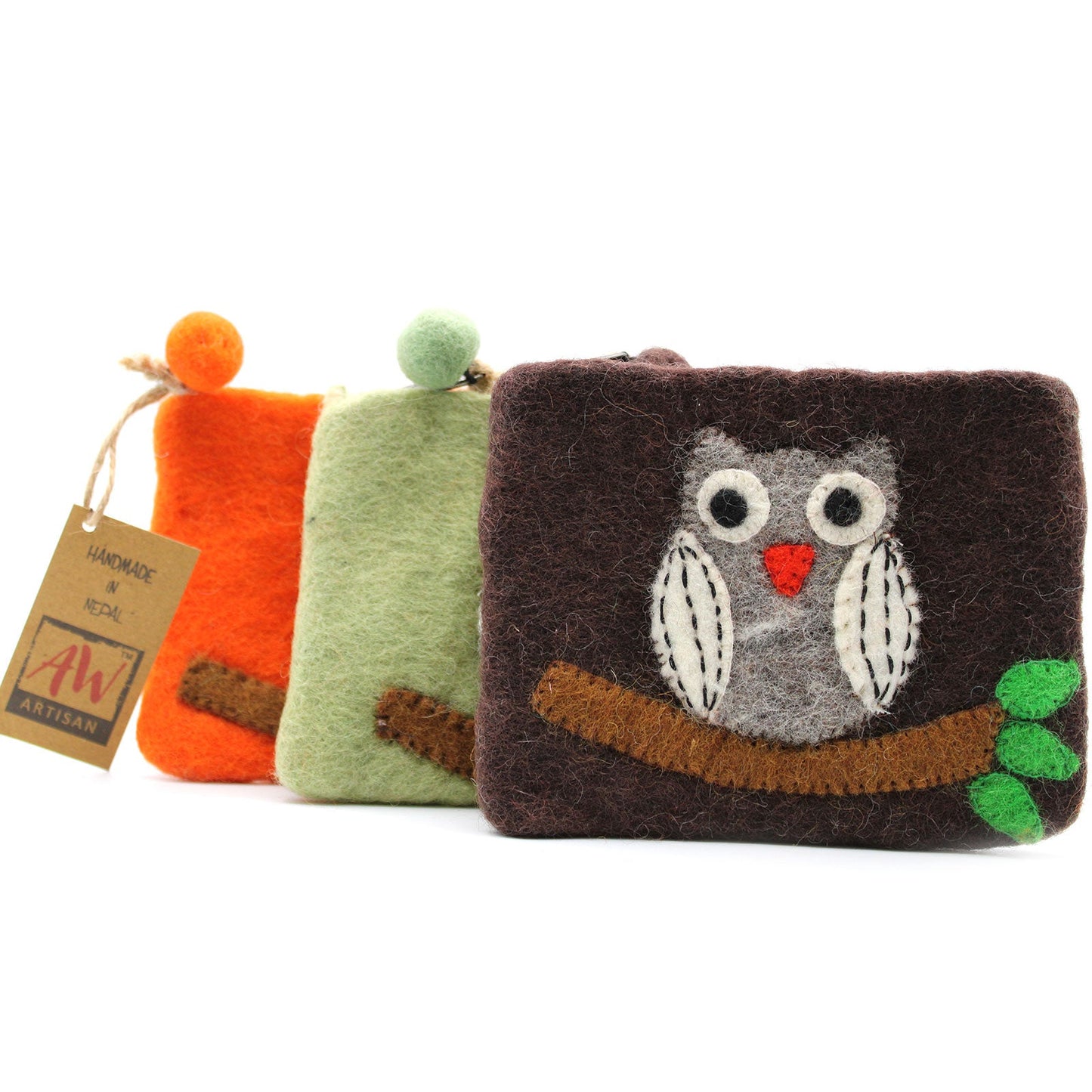 Handmade Natural Felt Purse or Pouch with Zip - Assorted Colours / Owl on Branch product packaging on clean background from Quintessential Holistic Health Ltd