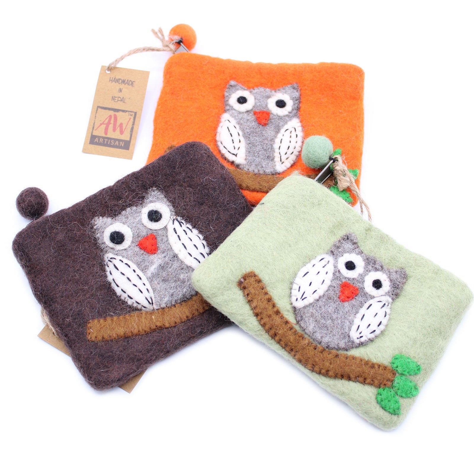 Handmade Natural Felt Purse or Pouch with Zip - Assorted Colours / Owl on Branch product packaging on clean background from Quintessential Holistic Health Ltd