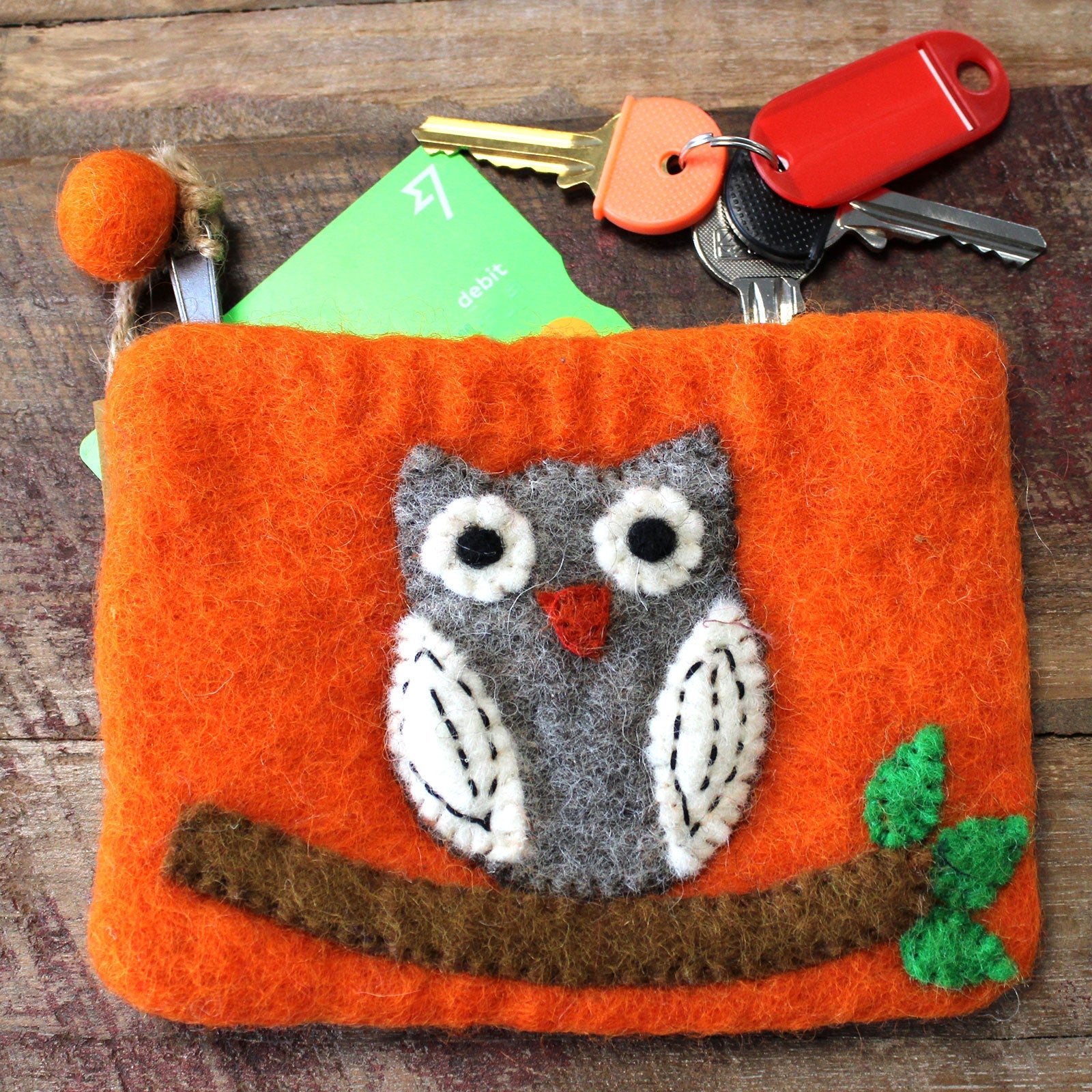 Handmade Natural Felt Purse or Pouch with Zip - Assorted Colours / Owl on Branch product packaging on clean background from Quintessential Holistic Health Ltd