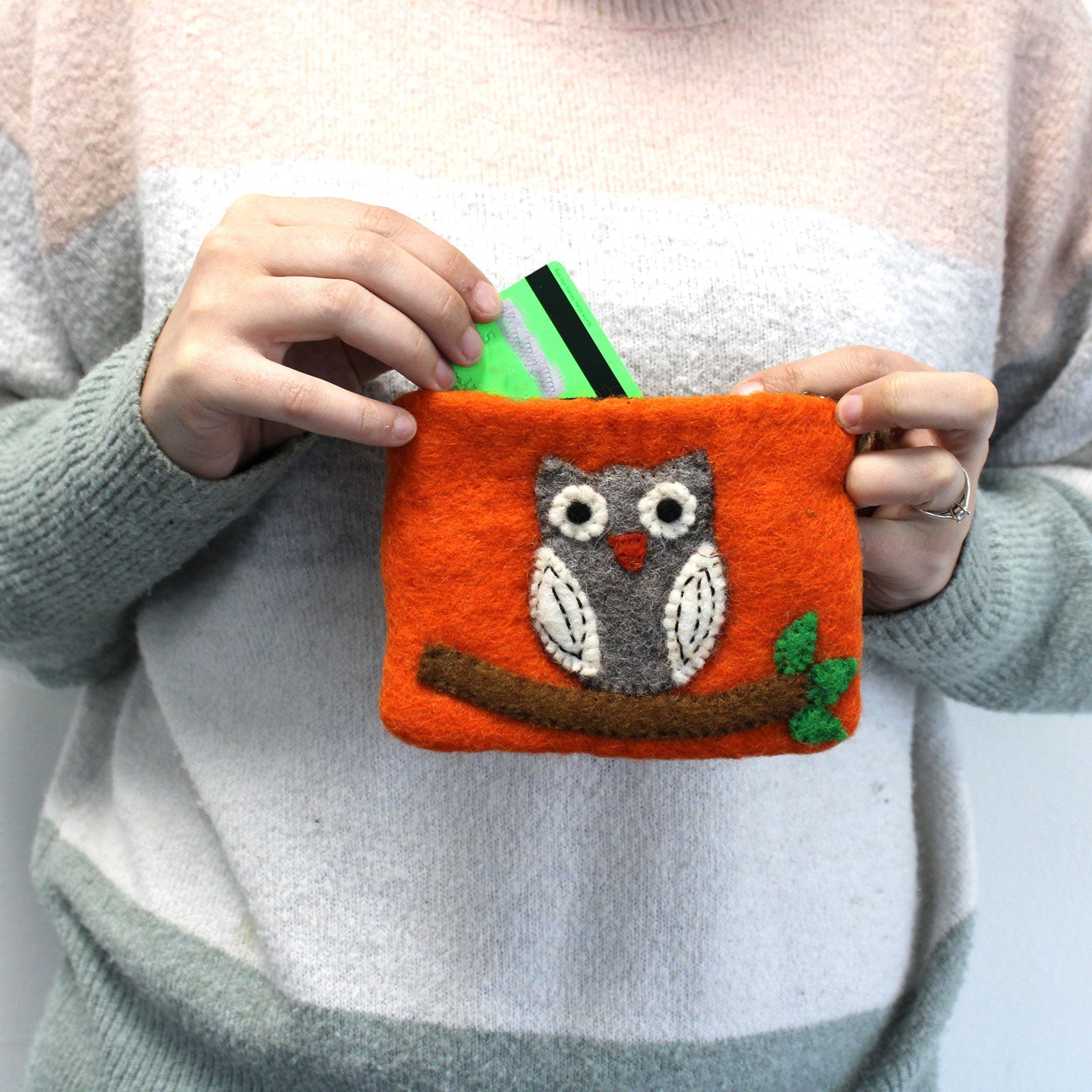 Handmade Natural Felt Purse or Pouch with Zip - Assorted Colours / Owl on Branch product packaging on clean background from Quintessential Holistic Health Ltd