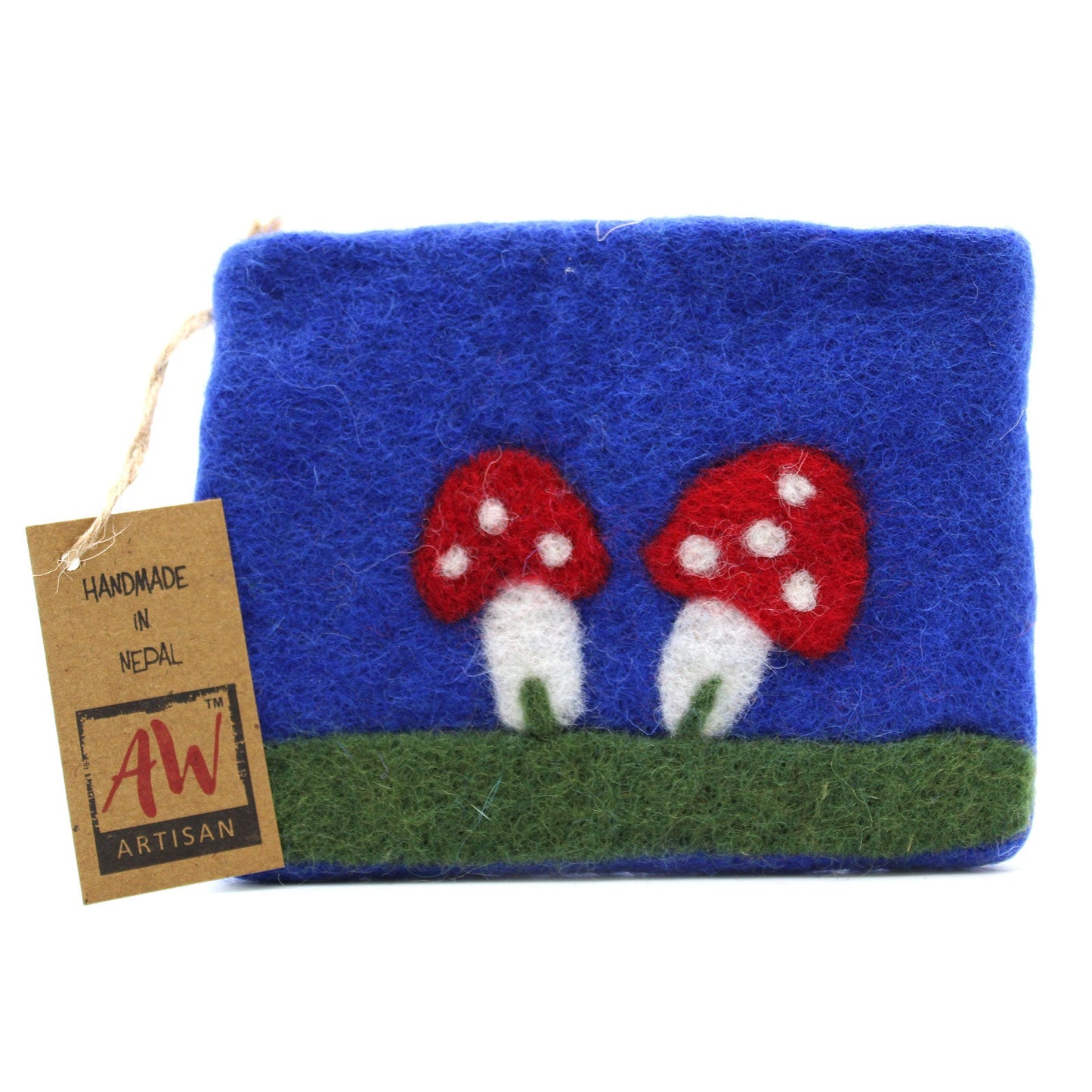 Handmade Natural Felt Purse or Pouch with Zip - Assorted Colours / Mystic Mushrooms product packaging on clean background from Quintessential Holistic Health Ltd