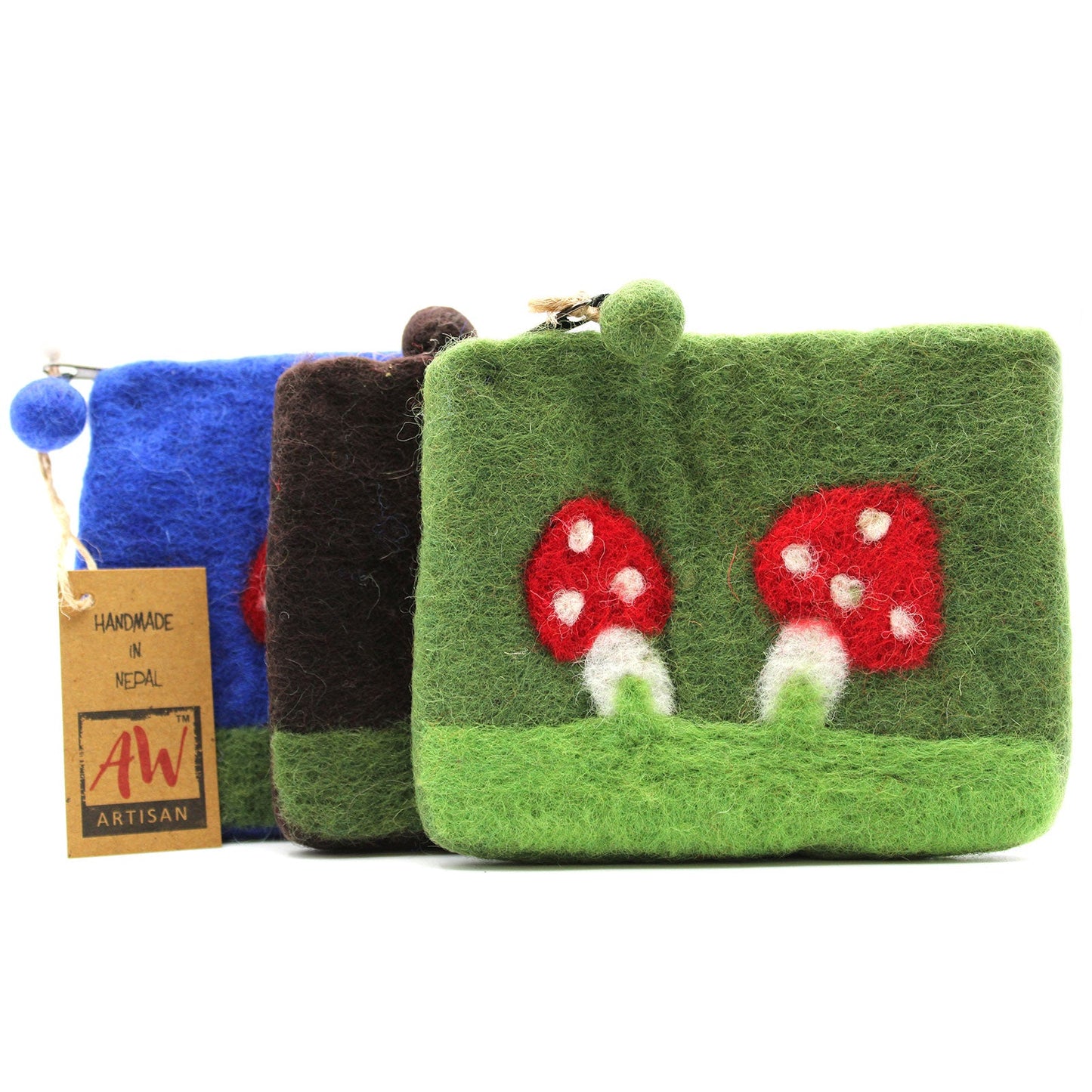 Handmade Natural Felt Purse or Pouch with Zip - Assorted Colours / Mystic Mushrooms product packaging on clean background from Quintessential Holistic Health Ltd