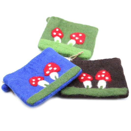 Handmade Natural Felt Purse or Pouch with Zip - Assorted Colours / Mystic Mushrooms product packaging on clean background from Quintessential Holistic Health Ltd