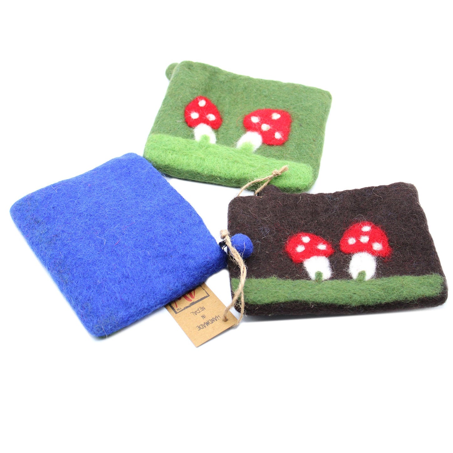 Handmade Natural Felt Purse or Pouch with Zip - Assorted Colours / Mystic Mushrooms product packaging on clean background from Quintessential Holistic Health Ltd