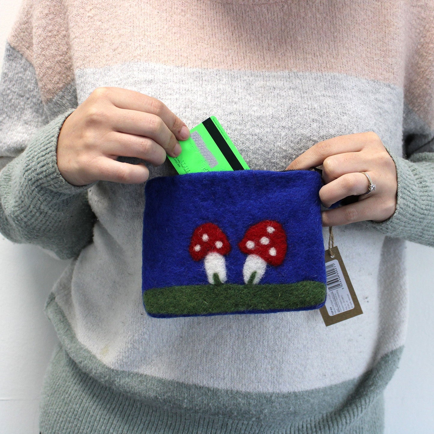 Handmade Natural Felt Purse or Pouch with Zip - Assorted Colours / Mystic Mushrooms product packaging on clean background from Quintessential Holistic Health Ltd
