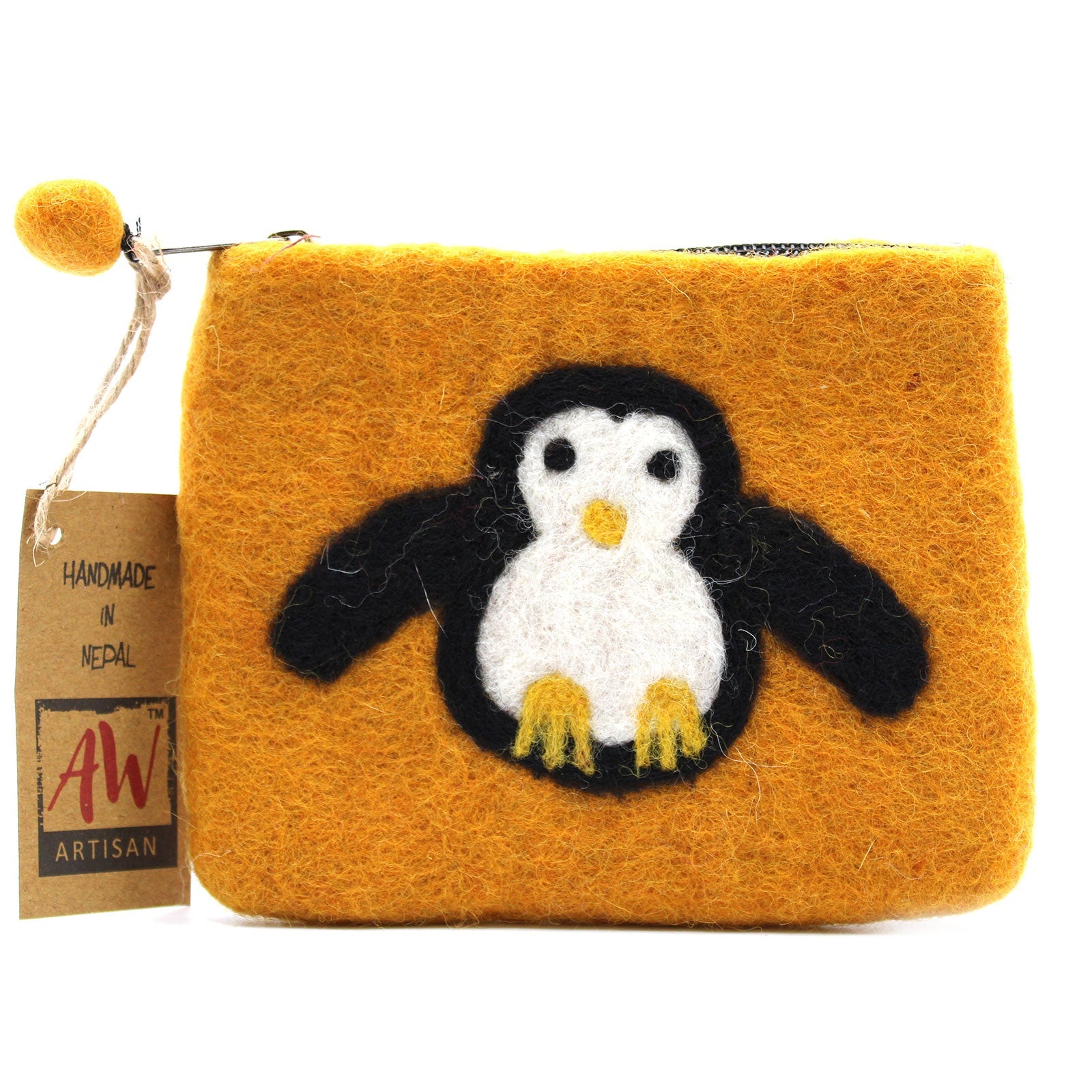 Handmade Natural Felt Purse or Pouch with Zip - Assorted Colours / Cute Penguin product packaging on clean background from Quintessential Holistic Health Ltd