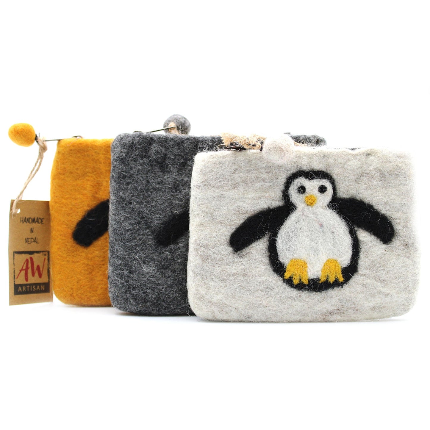 Handmade Natural Felt Purse or Pouch with Zip - Assorted Colours / Cute Penguin product packaging on clean background from Quintessential Holistic Health Ltd