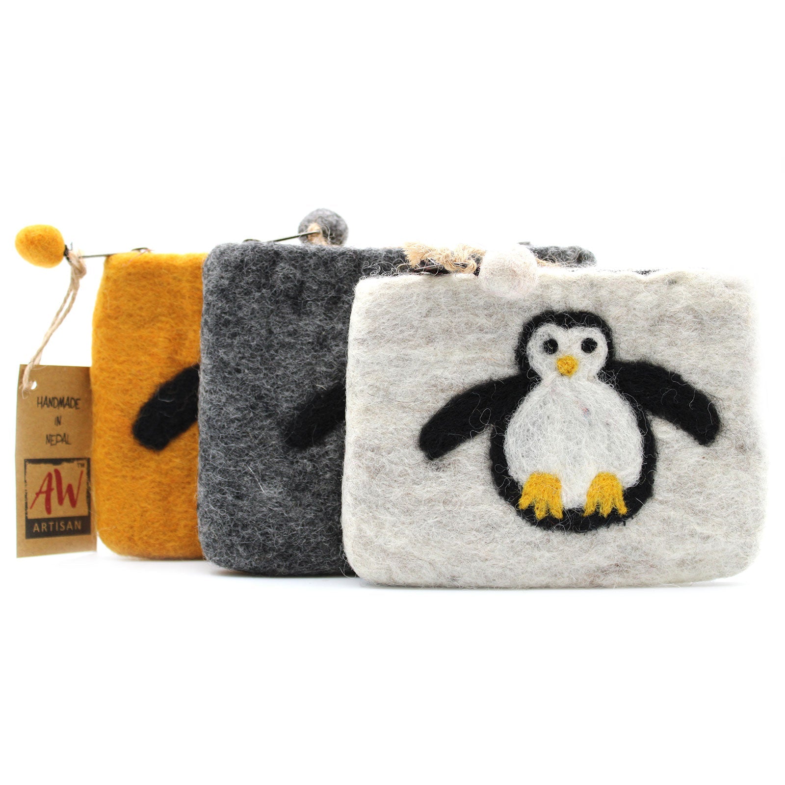 Handmade Natural Felt Purse or Pouch with Zip - Assorted Colours / Cute Penguin product packaging on clean background from Quintessential Holistic Health Ltd