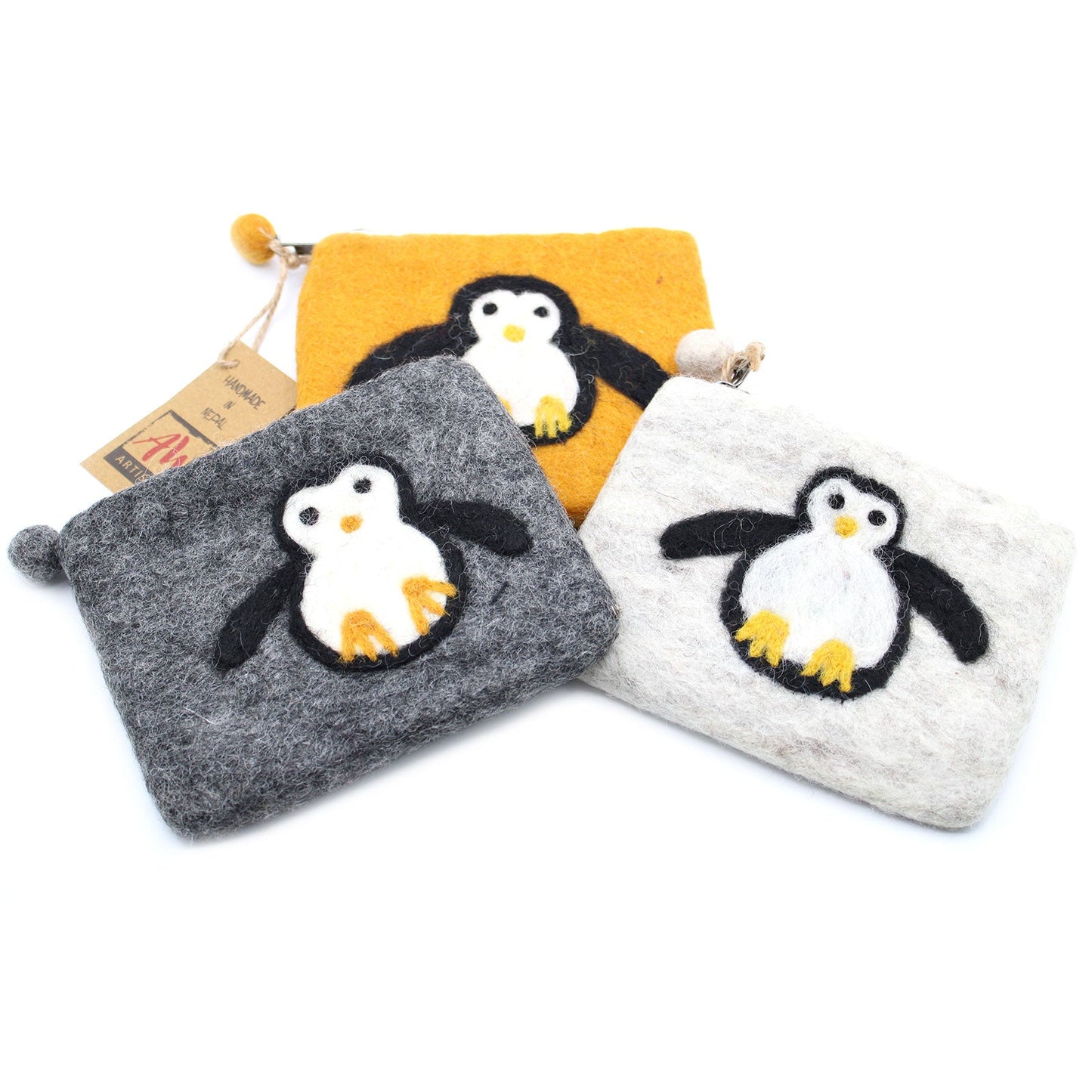 Handmade Natural Felt Purse or Pouch with Zip - Assorted Colours / Cute Penguin product packaging on clean background from Quintessential Holistic Health Ltd