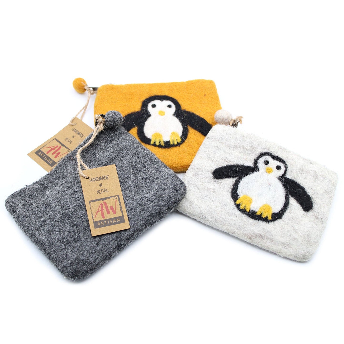 Handmade Natural Felt Purse or Pouch with Zip - Assorted Colours / Cute Penguin product packaging on clean background from Quintessential Holistic Health Ltd