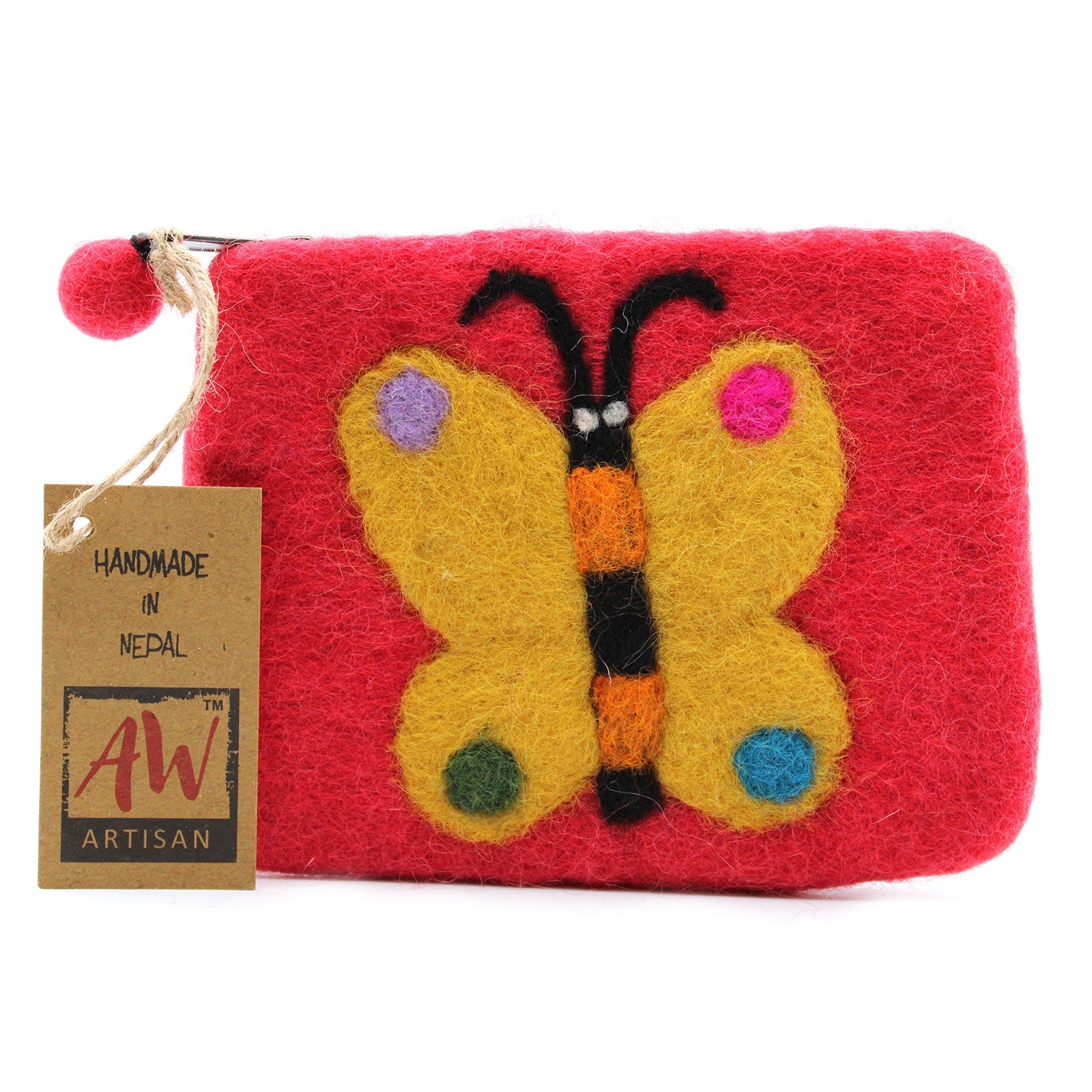Handmade Natural Felt Purse or Pouch with Zip - Assorted Colours / Butterfly product packaging on clean background from Quintessential Holistic Health Ltd